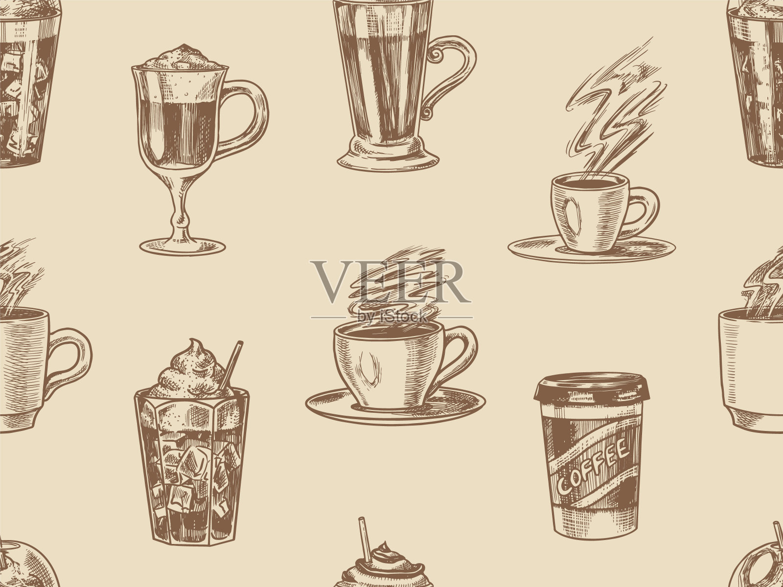 复古风格的咖啡杯背景。无缝模式。带走卡布奇诺和格蕾丝，浓缩咖啡和拿铁，摩卡和美式咖啡，冰沙在一个玻璃杯。手绘雕刻复古素描插画图片素材