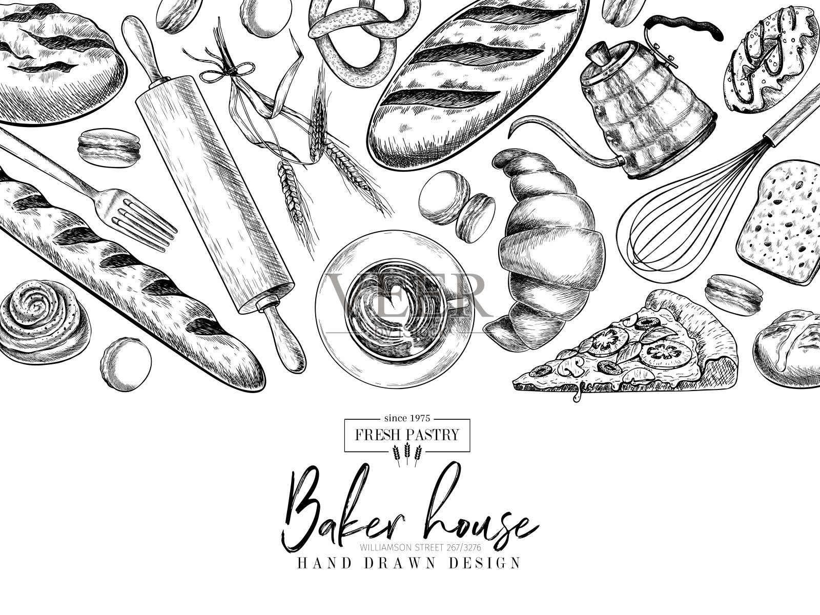 面包店。手绘面包，面包，牛角包，椒盐卷饼，马卡龙，派，法棍面包。Wheatl面粉糕点。向量雕刻横幅。适用于餐厅和咖啡厅菜单、烘焙店糕点设计模板。插画图片素材