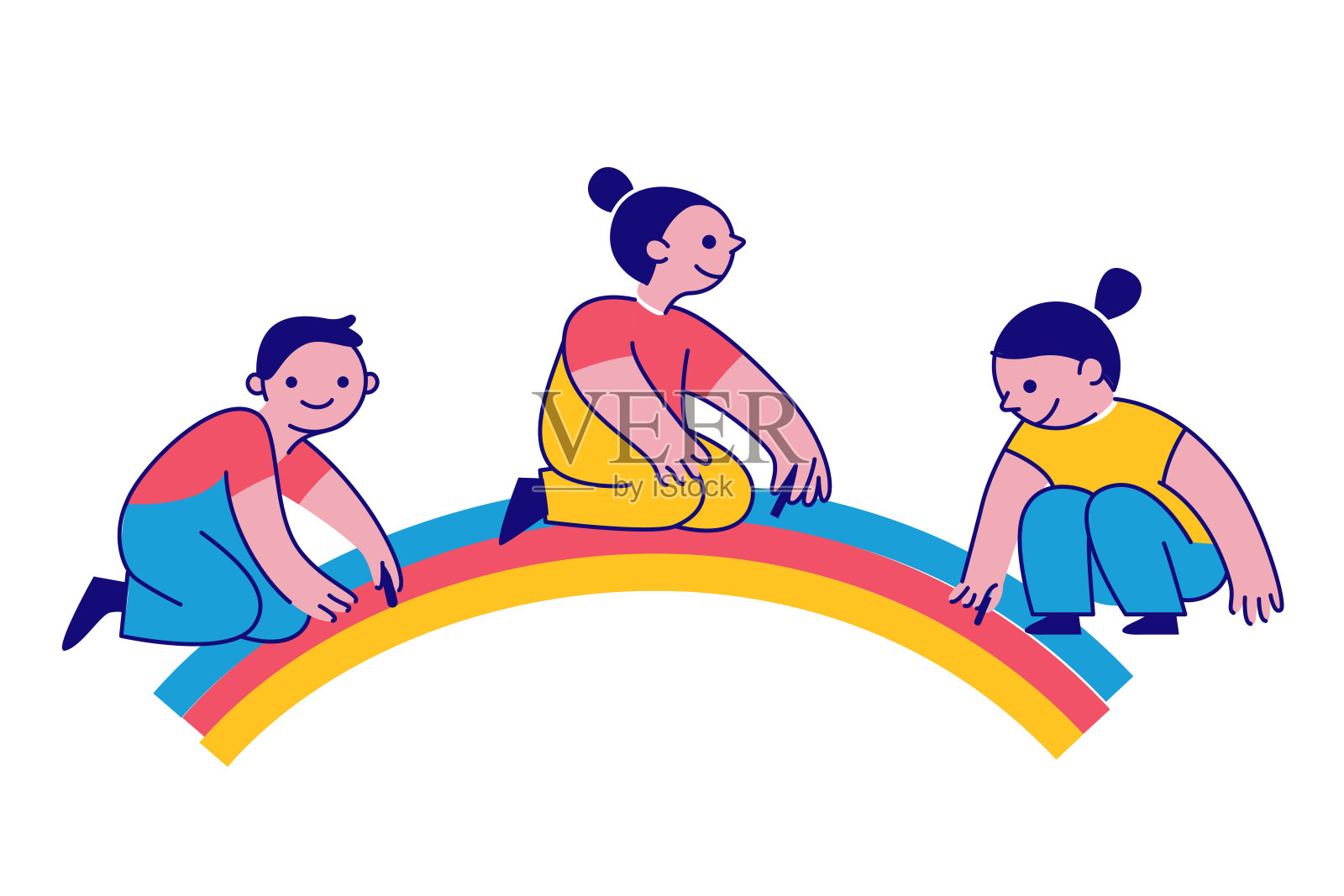 矢量插图与简单的平面字符-快乐的微笑的孩子一起玩-儿童聚会插画图片素材