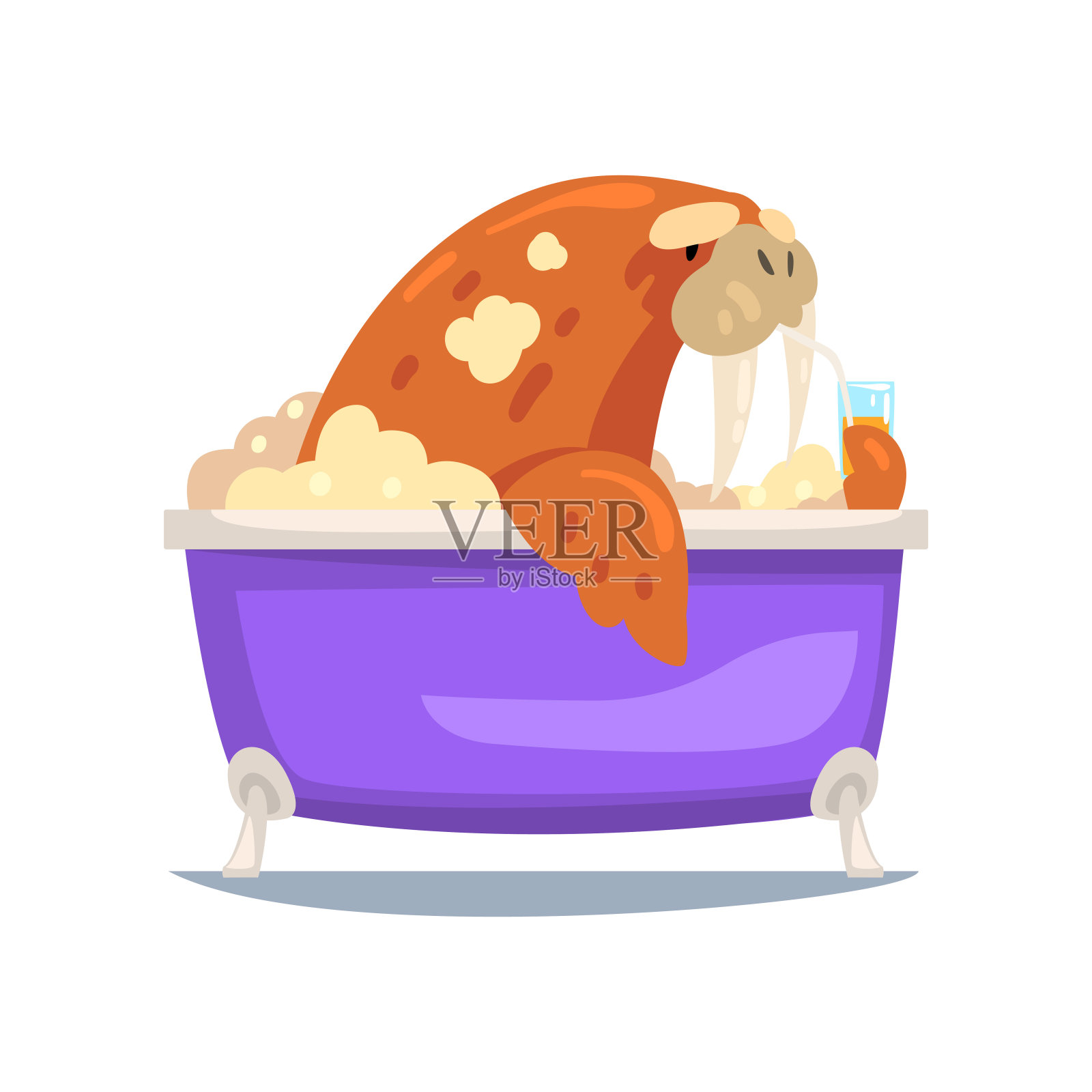 海象洗澡，有趣的动物卡通人物放松在浴缸充满泡沫矢量插图插画图片素材