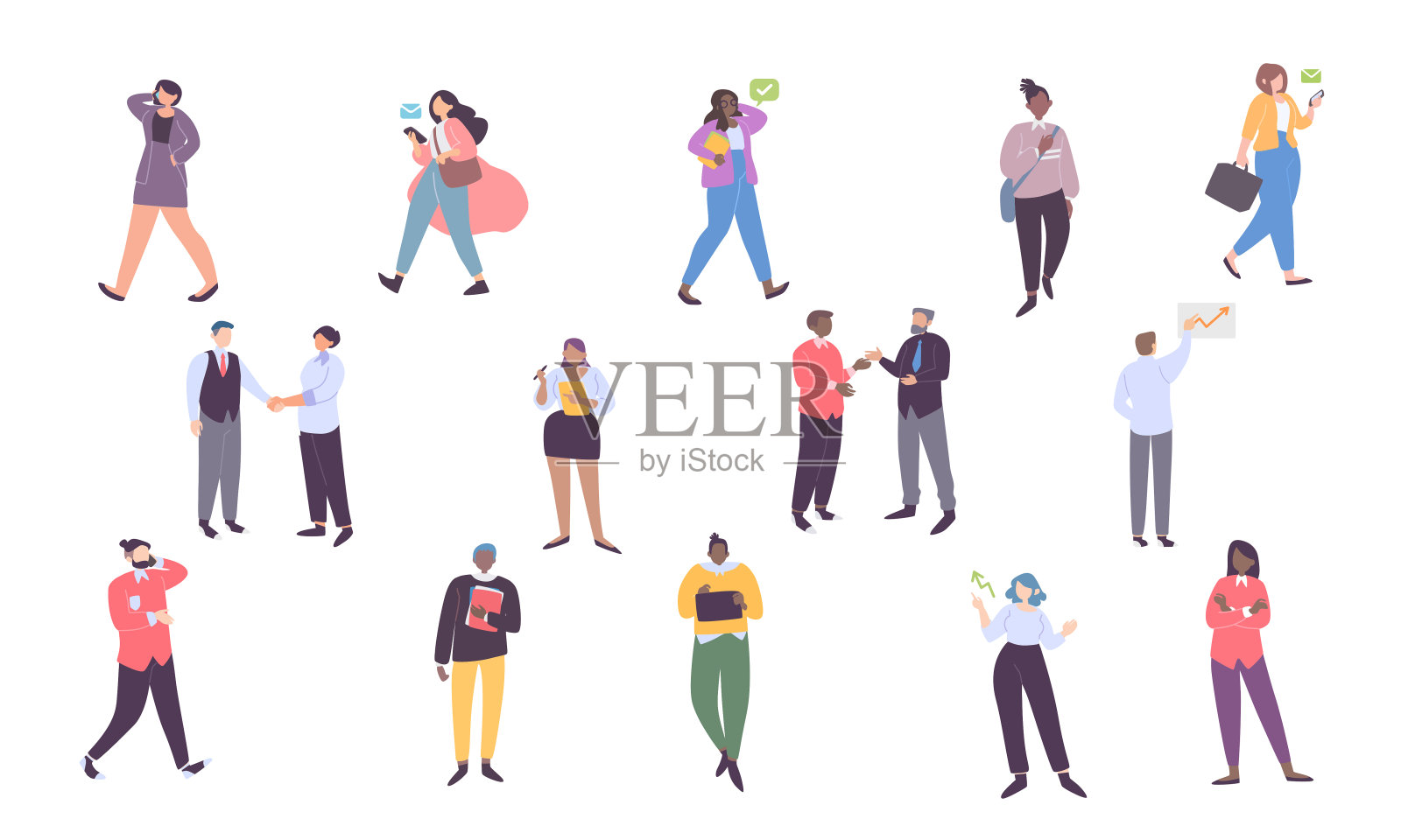 一组男女办公室职员互相交谈。平面卡通彩色矢量插图插画图片素材