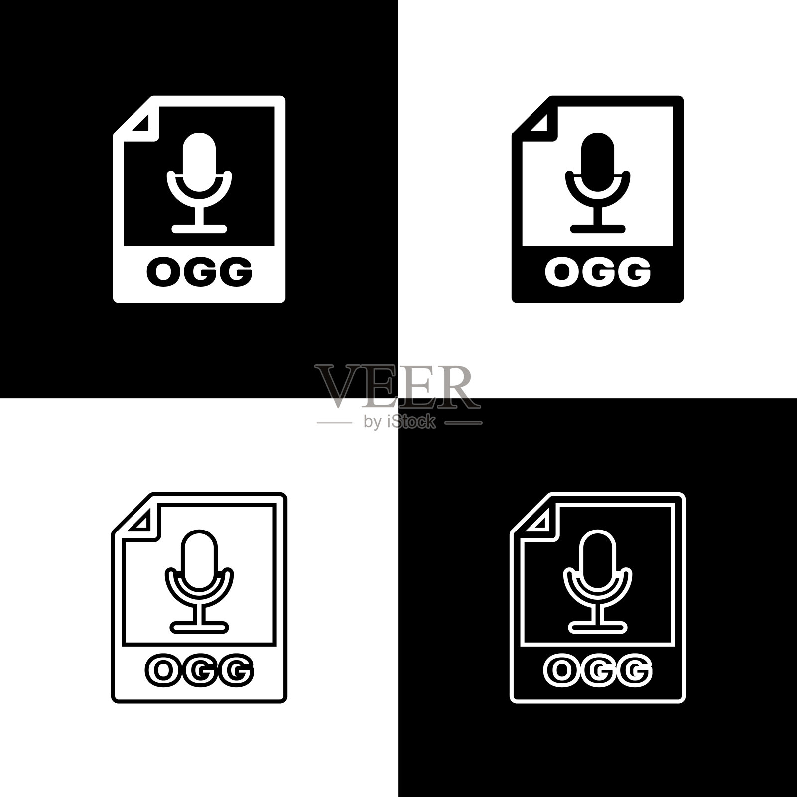 设置OGG文件文档图标。下载ogg按钮图标孤立的黑白背景。OGG文件的象征。矢量图图标素材