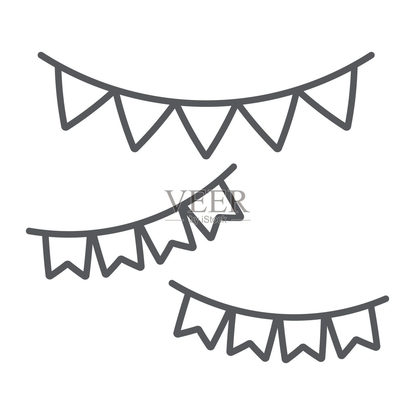 花环细线图标，节日装饰，派对花环标志，矢量图形，白色背景上的线性图案。插画图片素材