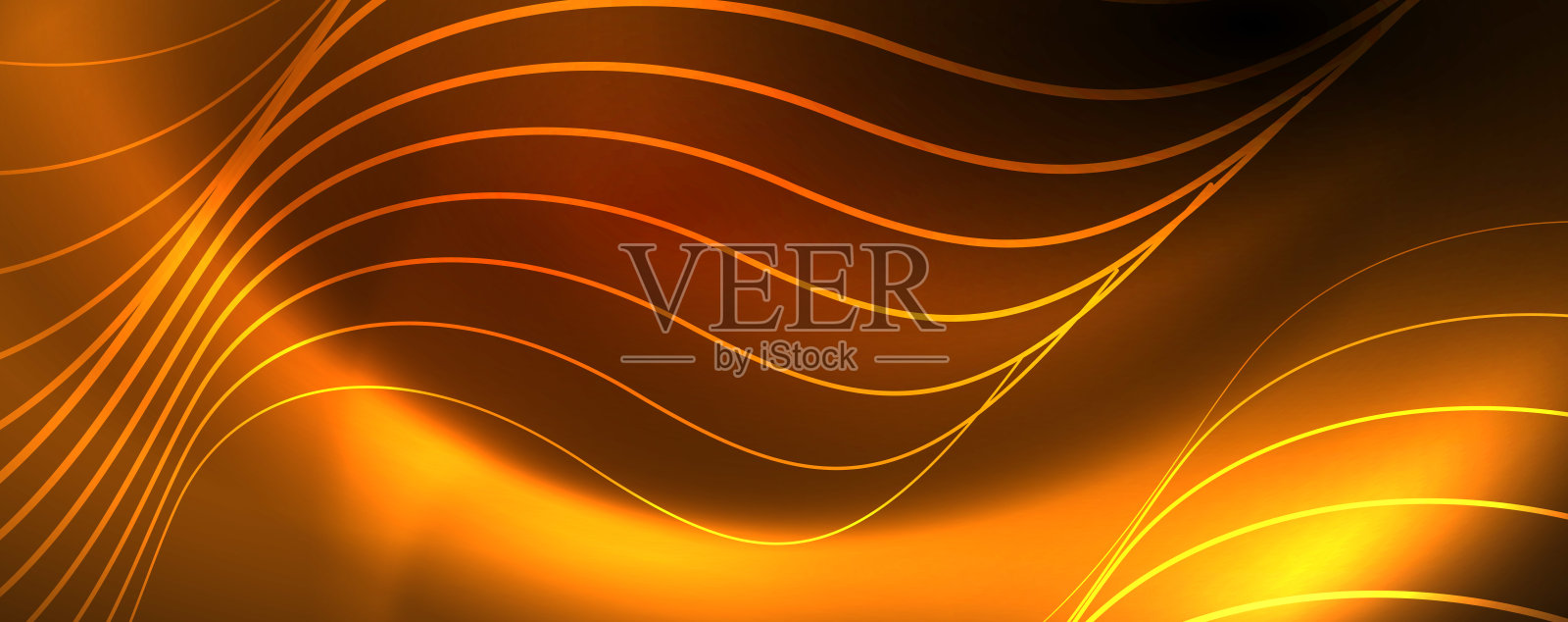 明亮的霓虹灯圆圈和波浪线，发光闪亮的背景设计模板，数字技术的概念。插画图片素材