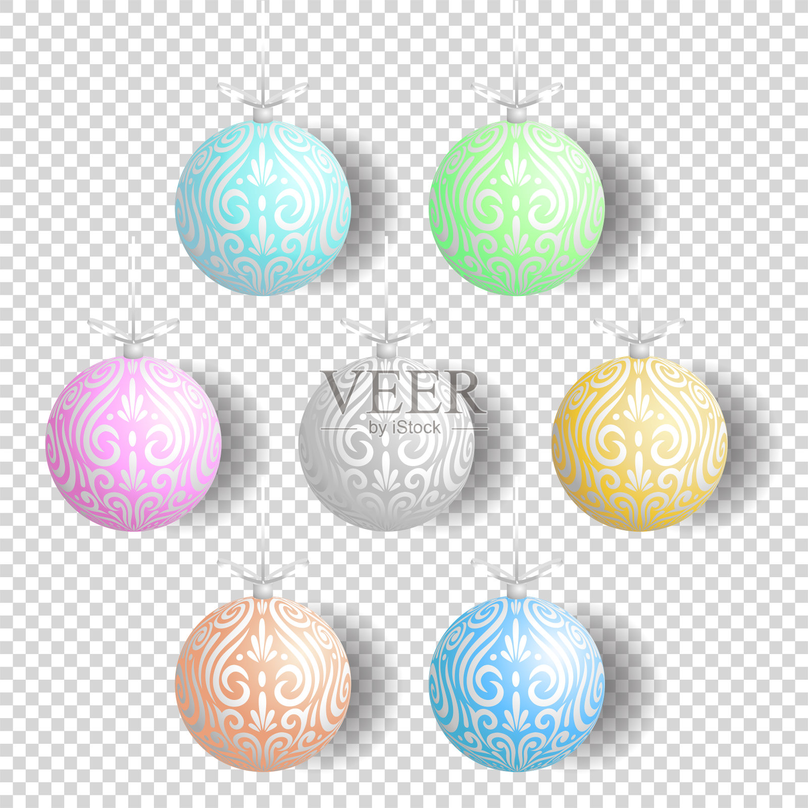 毛利koru彩色磨砂圣诞装饰球圣诞树横幅插画图片素材