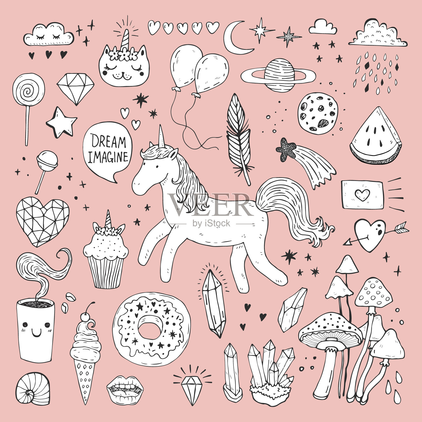 独角兽魔法设计元素手绘套装插画图片素材