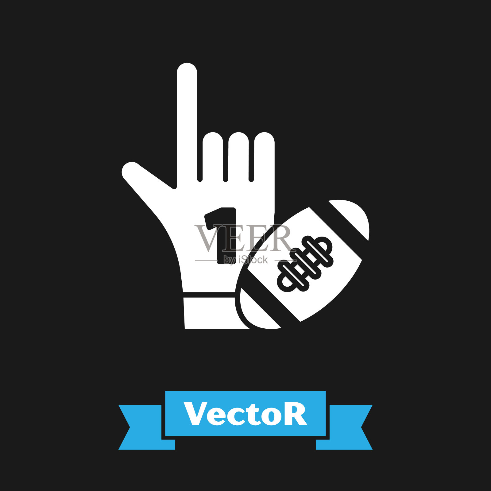 白色数字1 1球迷手手套与手指举起和美国足球图标孤立在黑色背景。一套运动器材。矢量图插画图片素材