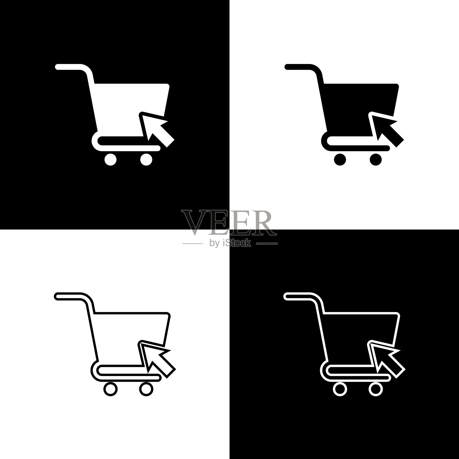 设置购物车与光标图标隔离在黑色和白色背景。网上购物的概念。送货服务信号。超市篮的象征。矢量图图标素材