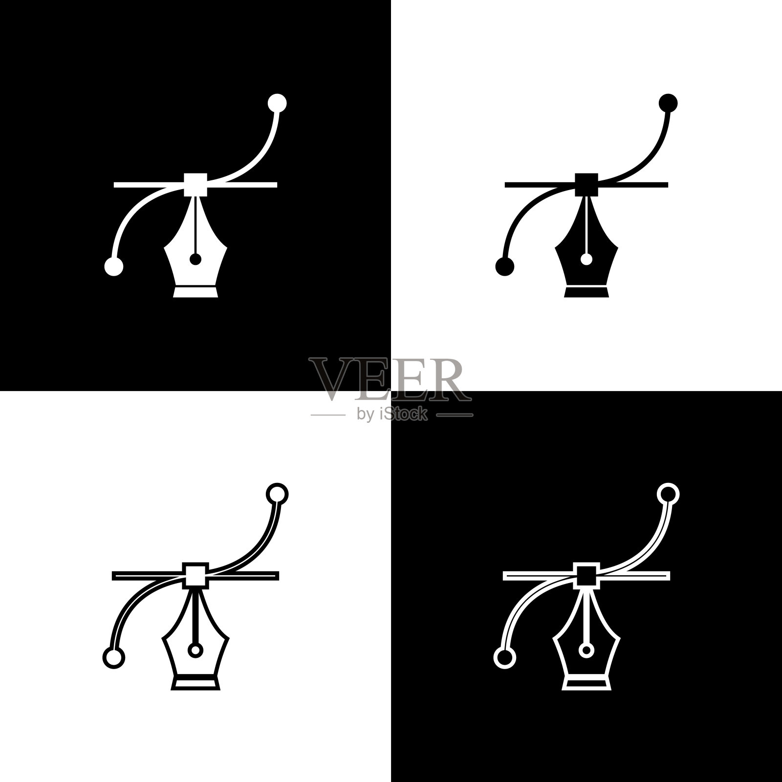 将Bezier曲线图标隔离在黑白背景上。钢笔工具图标。矢量图图标素材