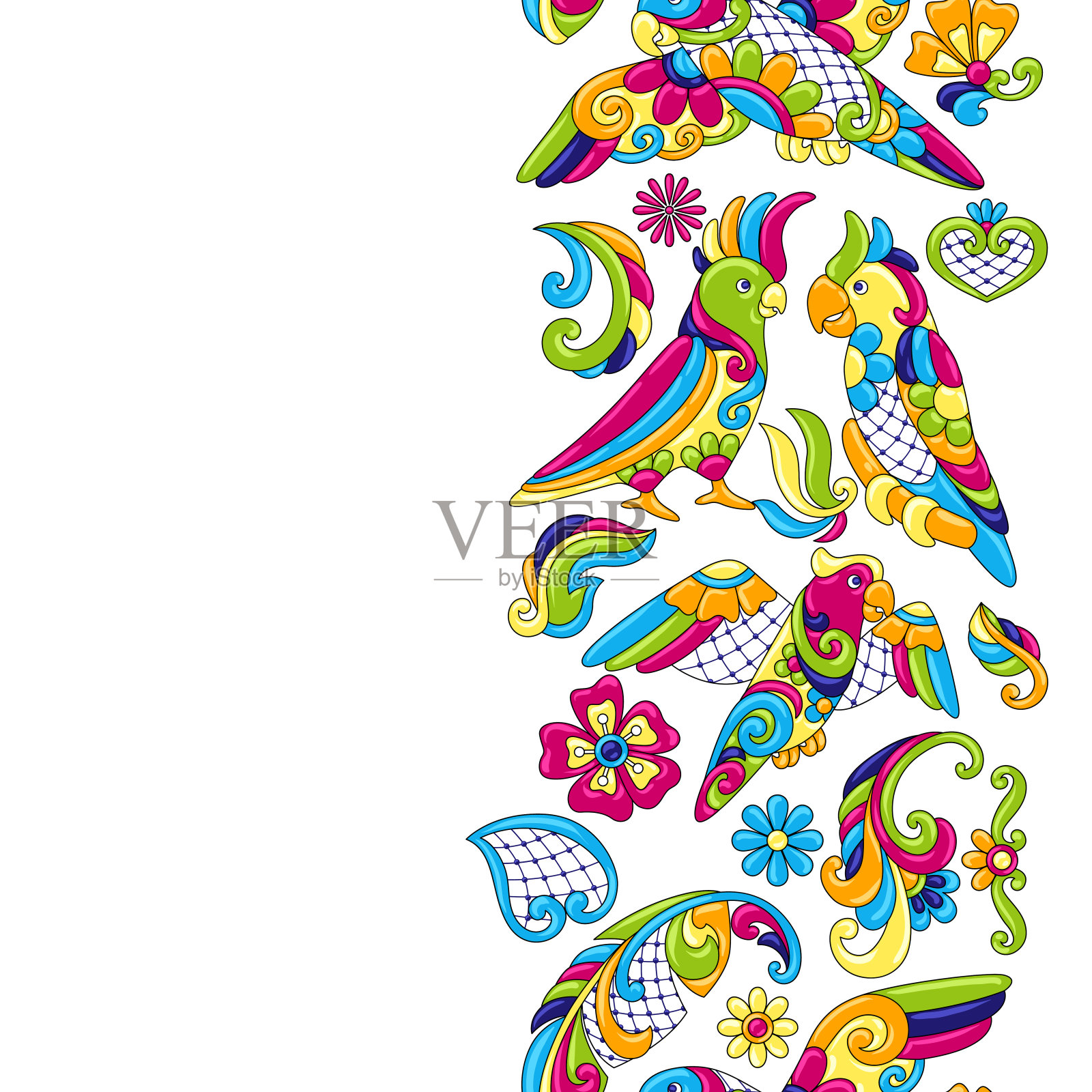 墨西哥塔拉维拉瓷砖图案与热带鹦鹉。插画图片素材