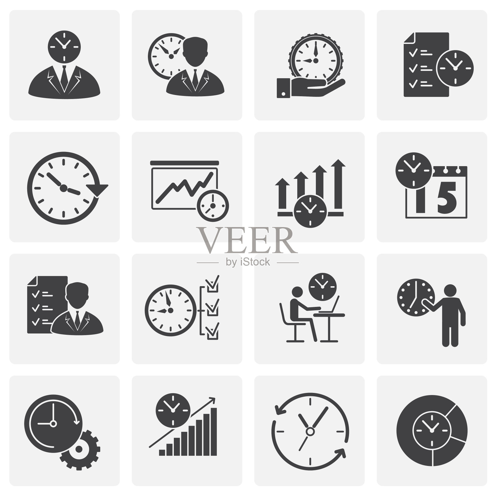 时间管理相关图标设置在平面和网页设计的背景。简单的说明。网站按钮或手机应用的互联网概念符号。图标素材