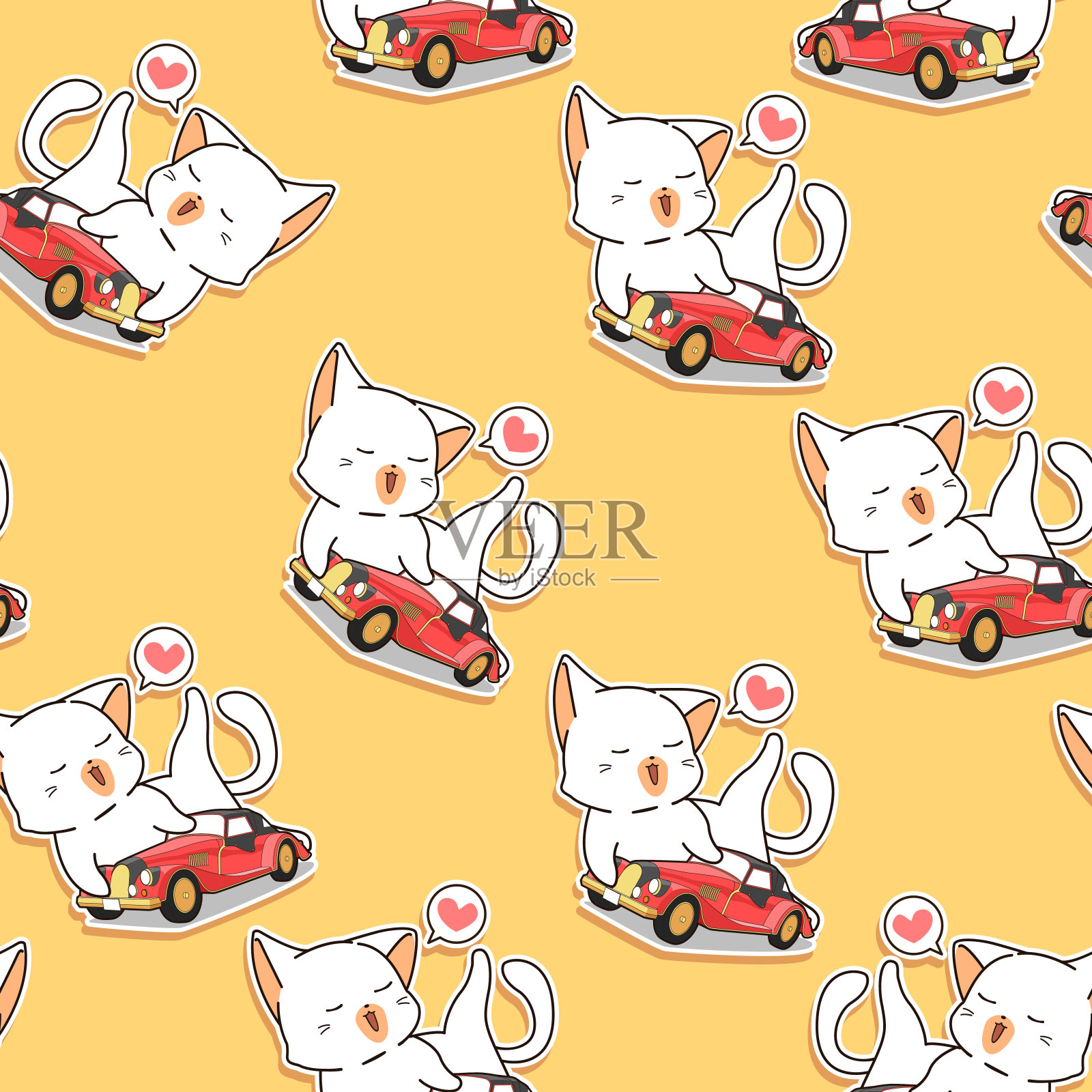 无缝卡哇伊猫喜欢老式汽车图案的卡通风格。插画图片素材