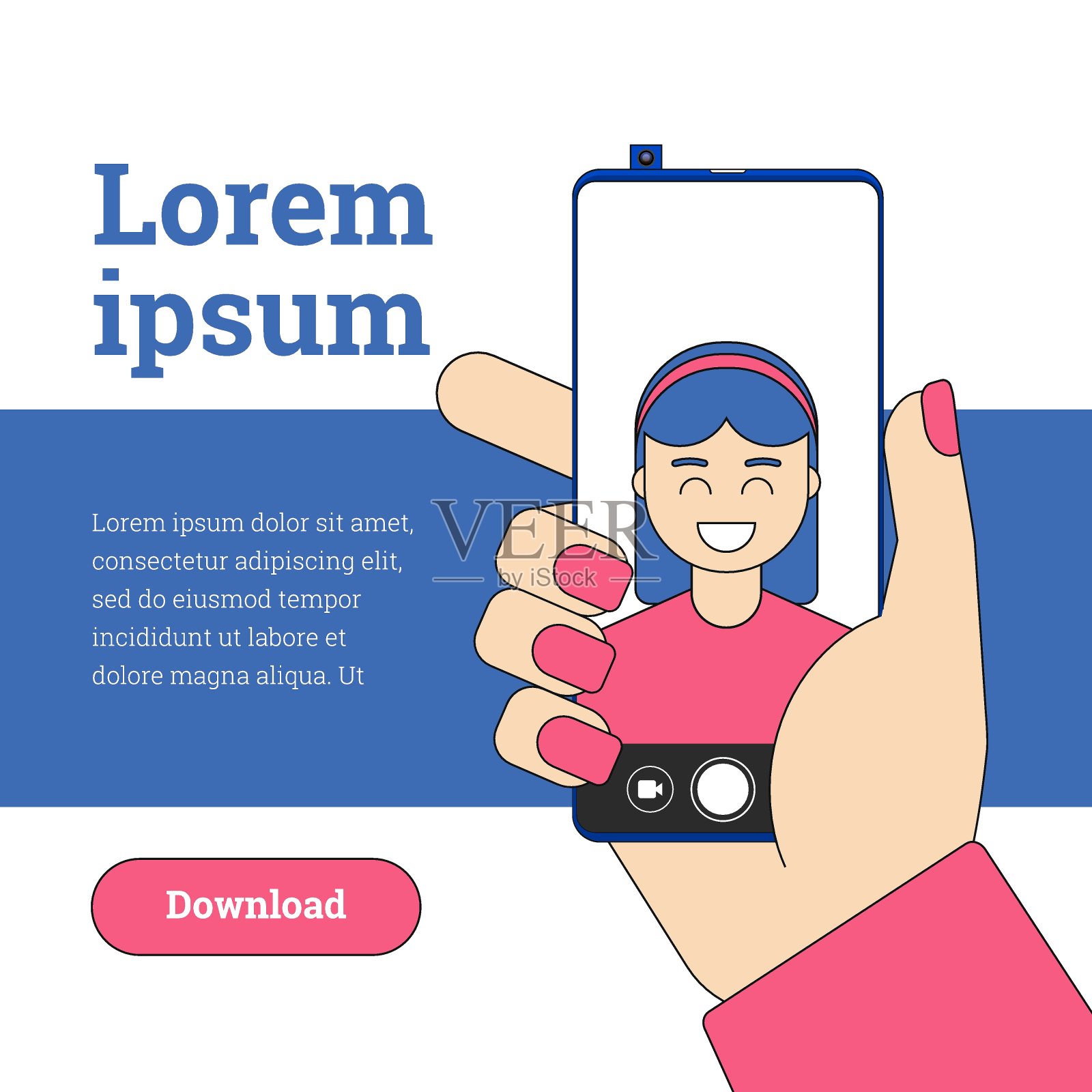 女性用推式自拍相机在现代智能手机上自拍。手机屏幕上的女孩肖像。平面矢量插图的女人自拍在无框智能手机插画图片素材