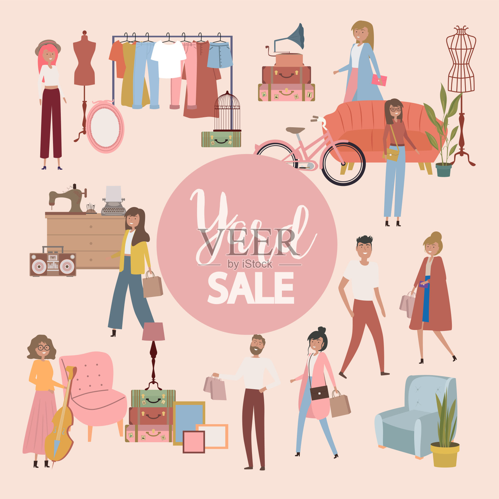 庭院销售海报，人们在步行街，古董家具，衣服和饰品商店出售和购物插画图片素材