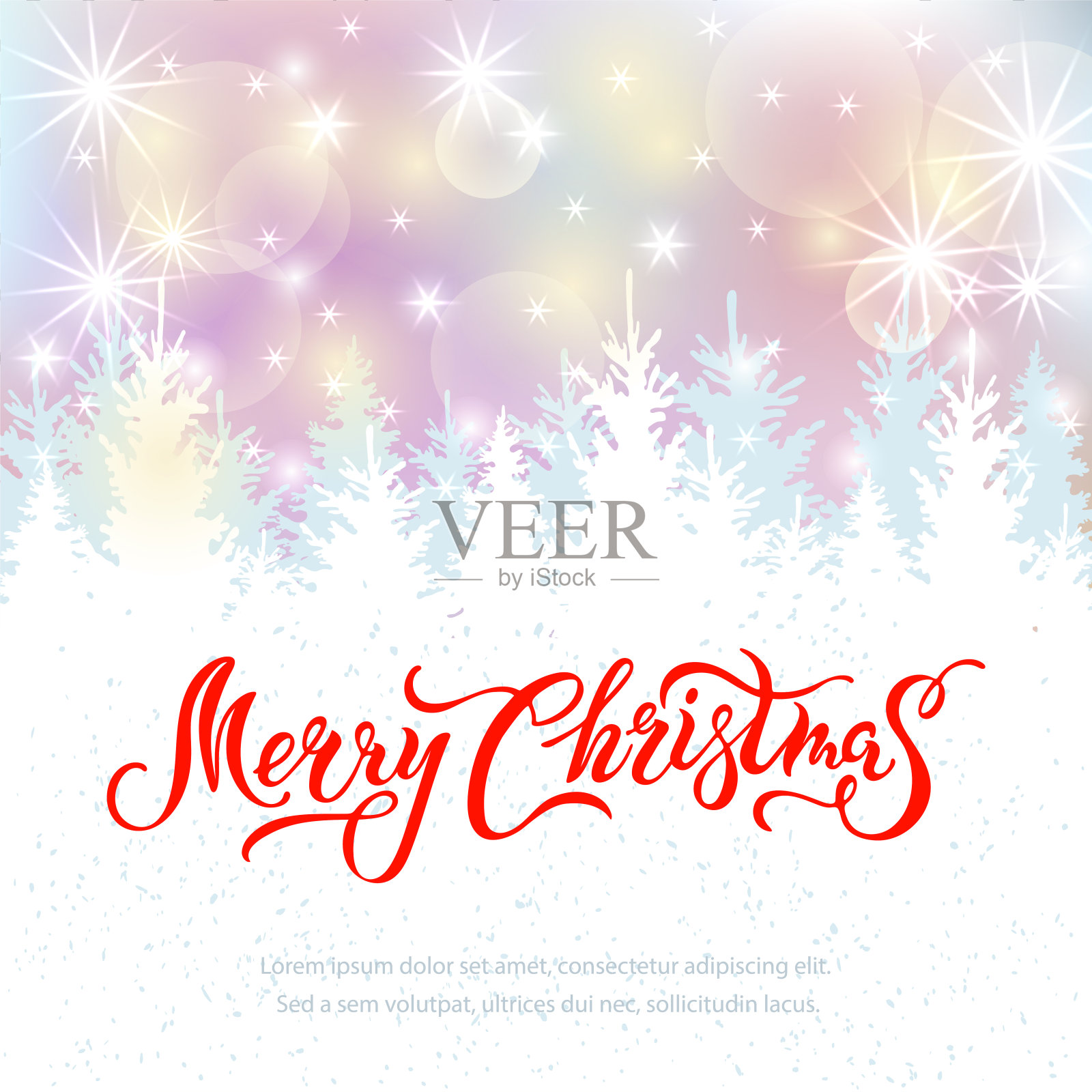 圣诞贺卡上挂着新年树，闪烁着彩灯。设计模板素材