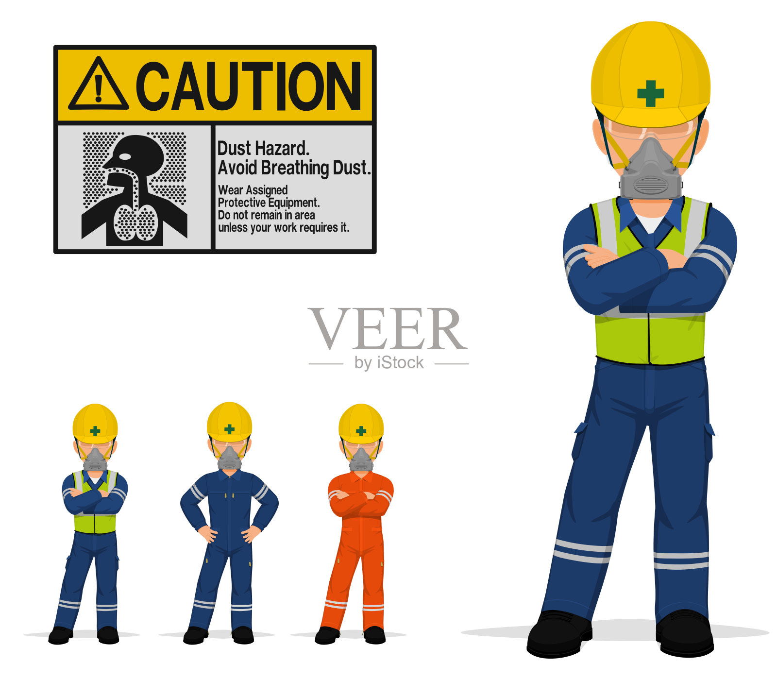 一个孤立的工业工人，戴着防尘罩，背景是透明的插画图片素材