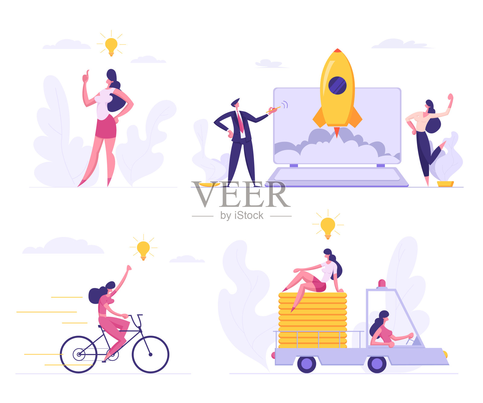 商业启动，创意，税收，银行设置。灯泡女人骑自行车，商业人物从笔记本电脑发射火箭，财务成功隐喻卡通平面矢量插图插画图片素材