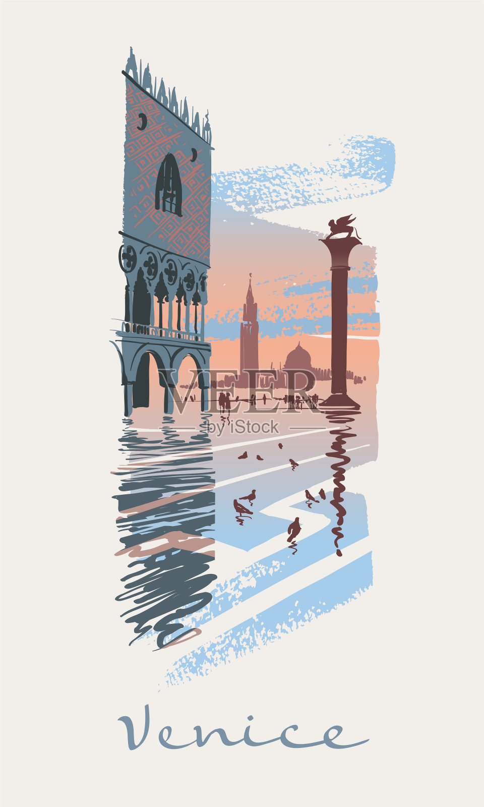 晚上在圣马可广场。总督宫殿和圣马可圆柱。意大利的威尼斯插画图片素材