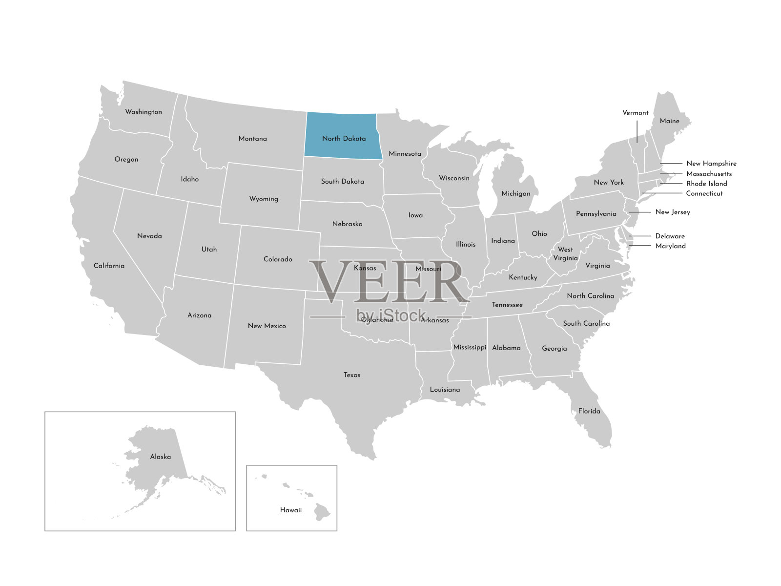 美国简化行政地图矢量孤立插图。有名字的州的边界。北达科他州的蓝色剪影插画图片素材
