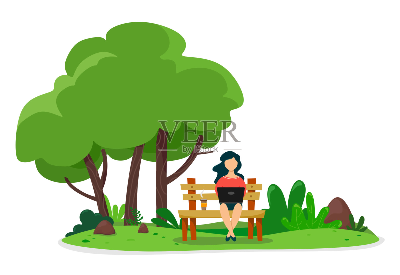 一个年轻女人坐在公园里用笔记本电脑工作。矢量平面现代插画插画图片素材