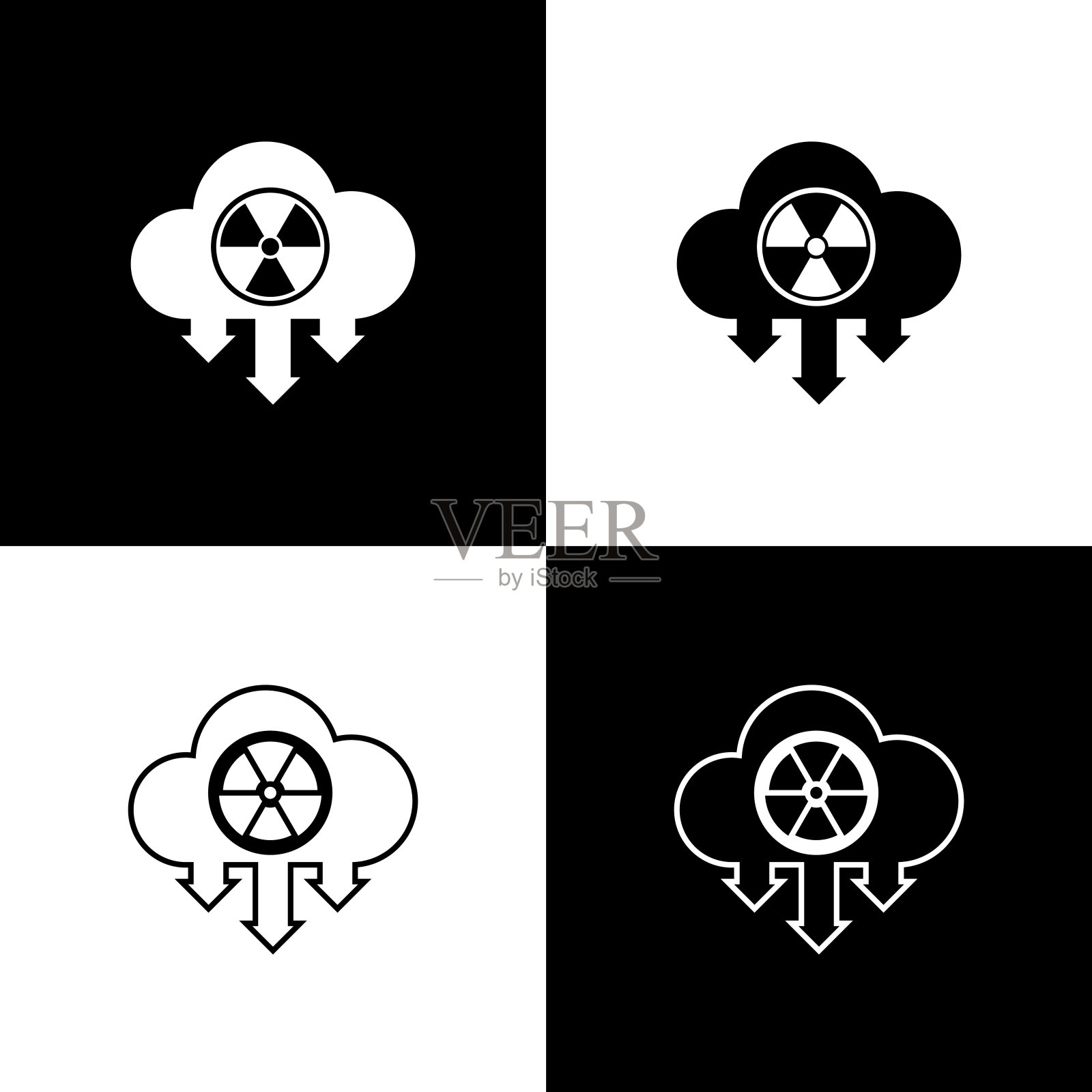 设置酸雨和放射性云图标隔离图标隔离在黑色和白色背景。有毒空气污染对环境的影响。矢量图插画图片素材