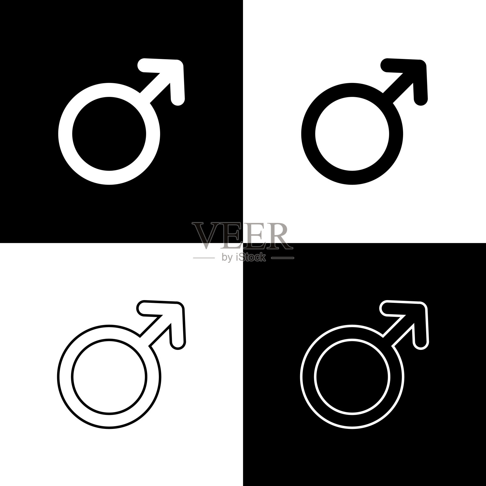 设置男性性别符号图标隔离在黑色和白色背景。矢量图图标素材