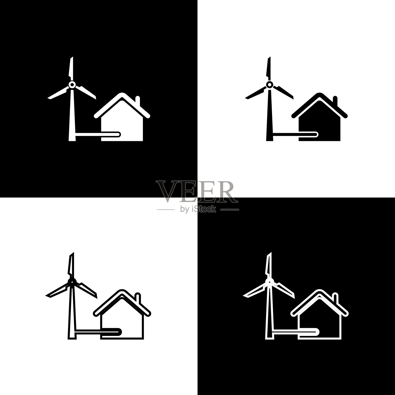 设置房子与风力发电机发电图标孤立的图标孤立在黑色和白色背景。环保的房子。环境保护。矢量图图标素材