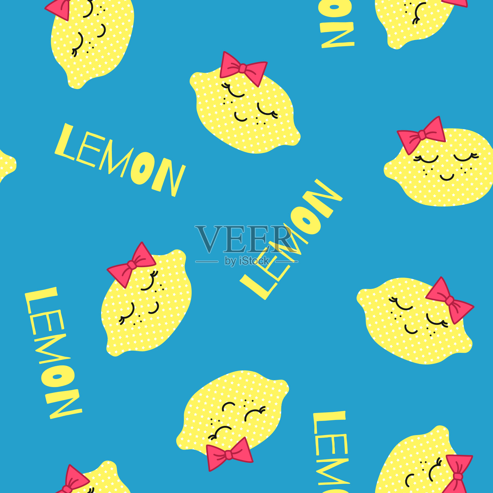 柠檬卡哇伊的模式。向量无缝纹理的快乐黄色柠檬在蓝色的背景插画图片素材