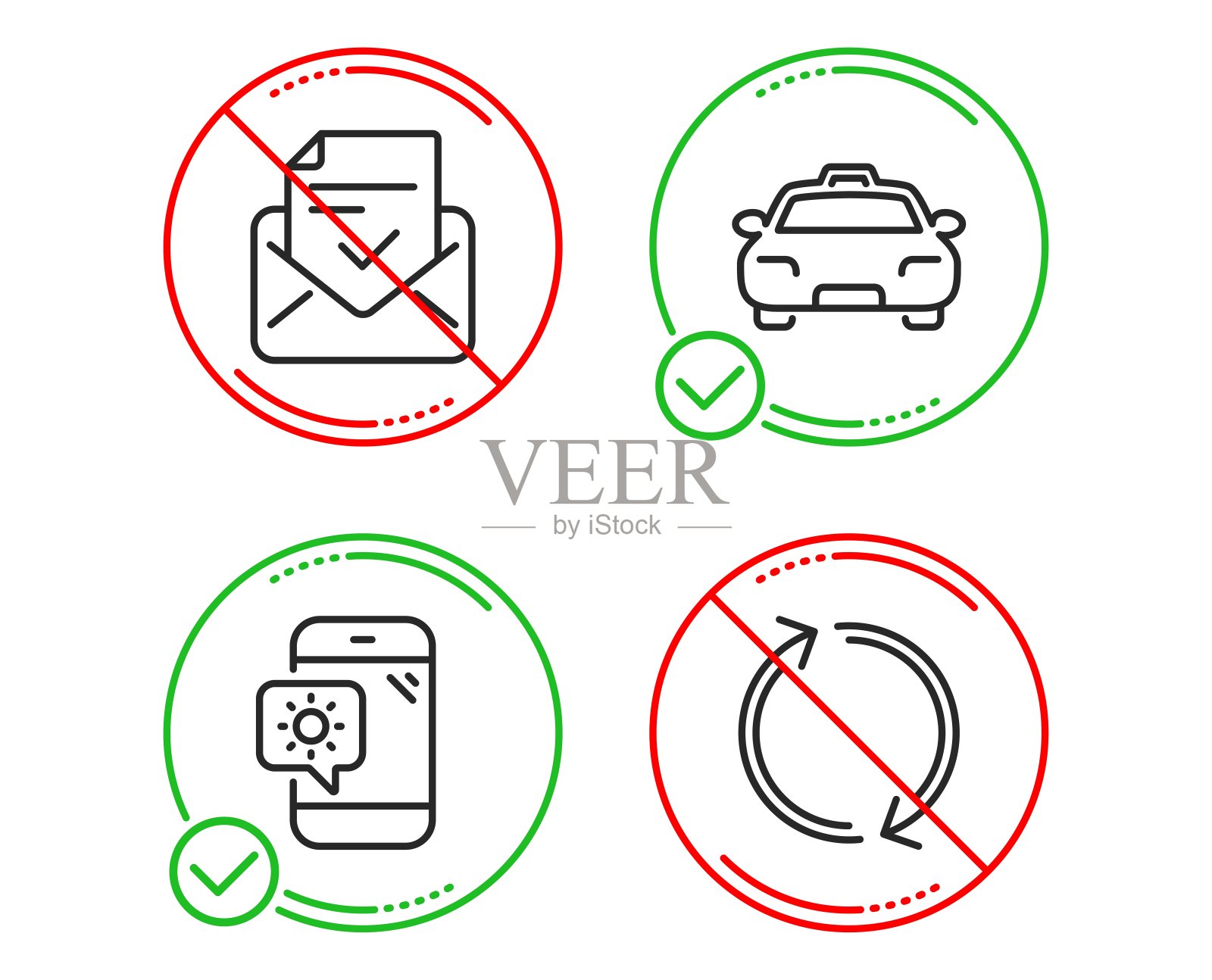 批准邮件，天气电话和出租车图标集。刷新的迹象。向量图标素材