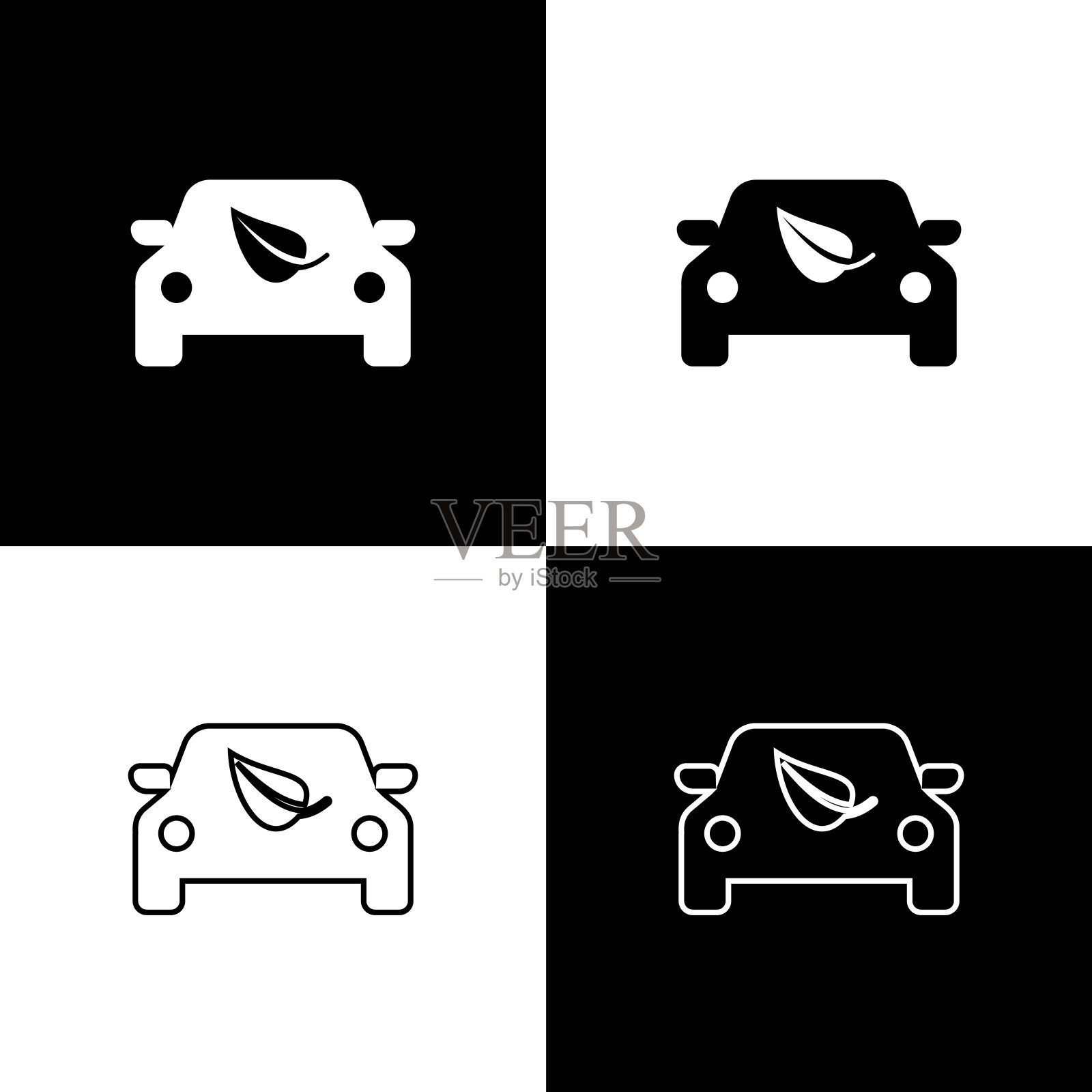 设置生态汽车概念驱动器与树叶图标孤立的图标孤立在黑色和白色的背景。绿色能源汽车的标志。矢量图插画图片素材