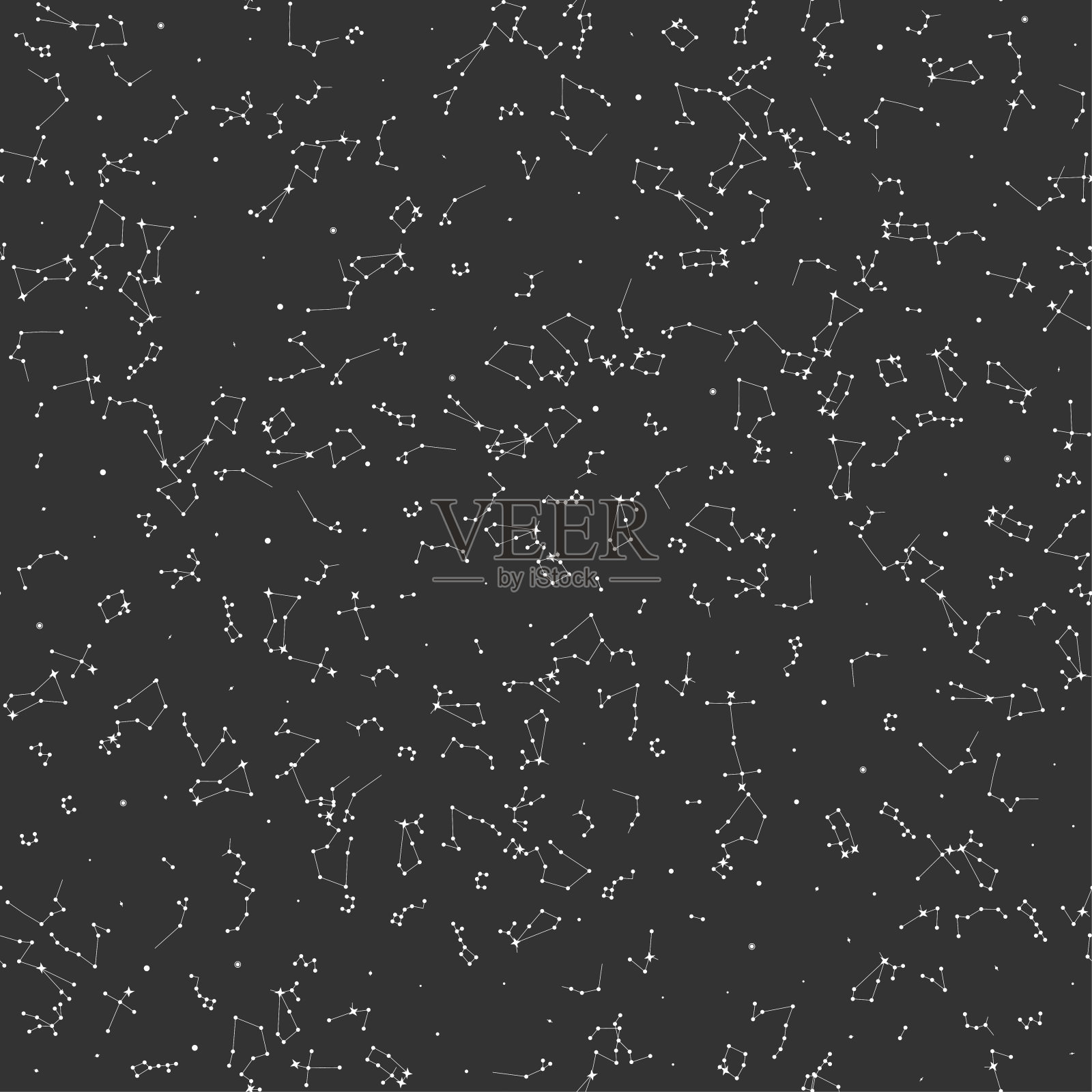 星星/太空/宇宙/黄道带/宇宙白细线元素图案。矢量无缝恒星星座黑色背景。天文学和占星术对象。用于织物、纺织品、横幅、设计。插画图片素材