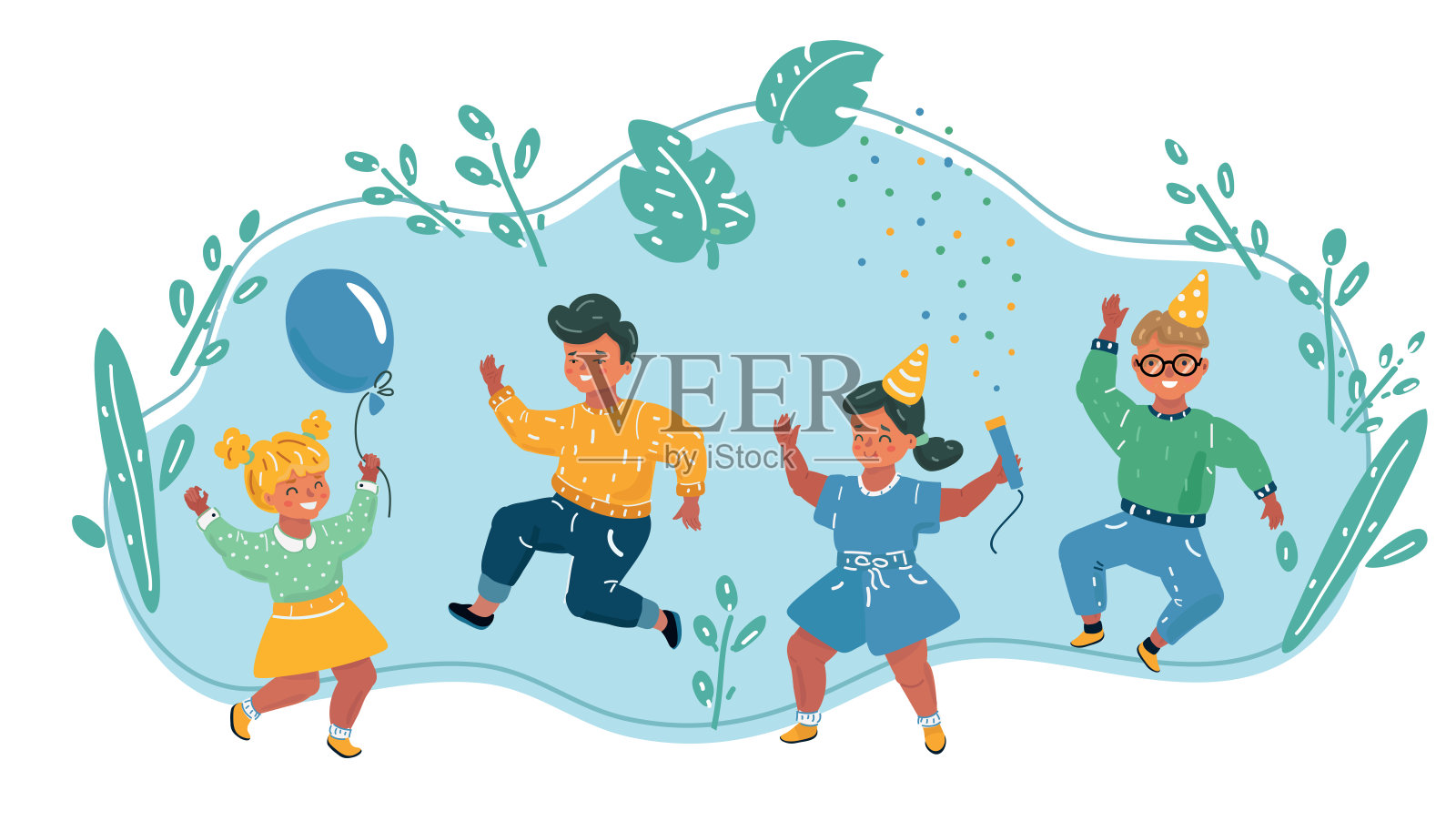 快乐的孩子们一起跳。插画图片素材