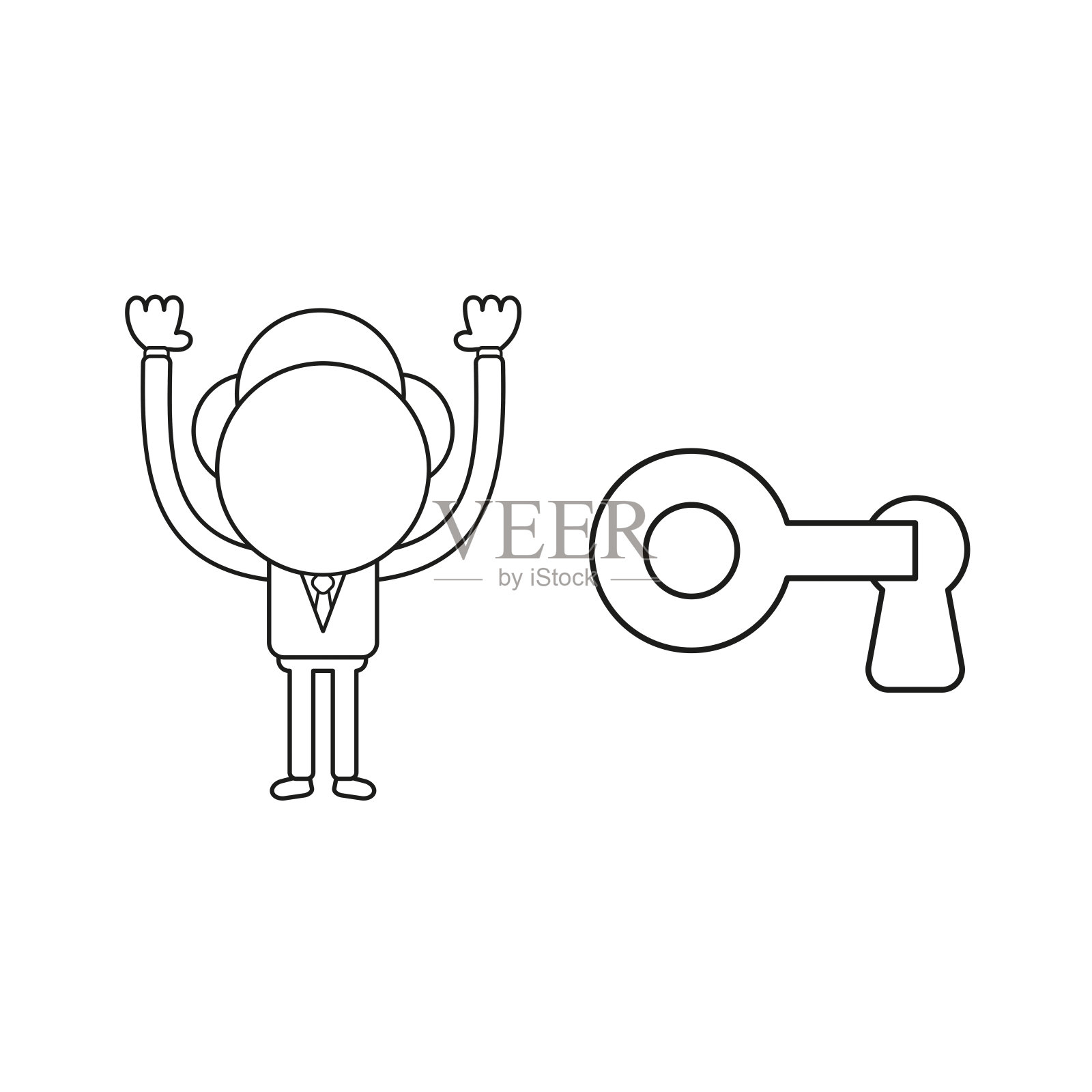 矢量插图的商人字符锁或解锁钥匙孔与钥匙。黑色的轮廓。设计元素图片