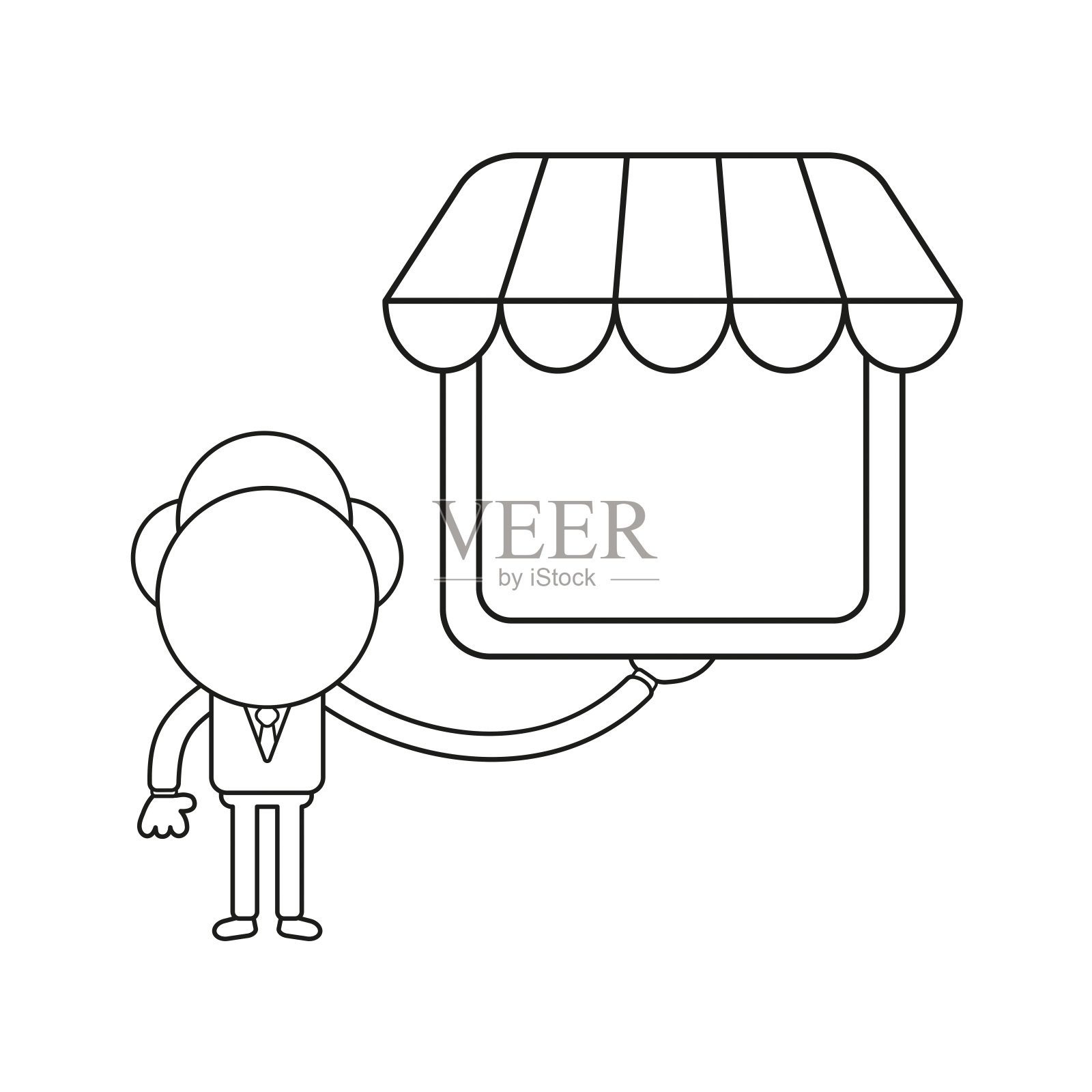 矢量插图的商人性格持有商店商店。黑色的轮廓。插画图片素材