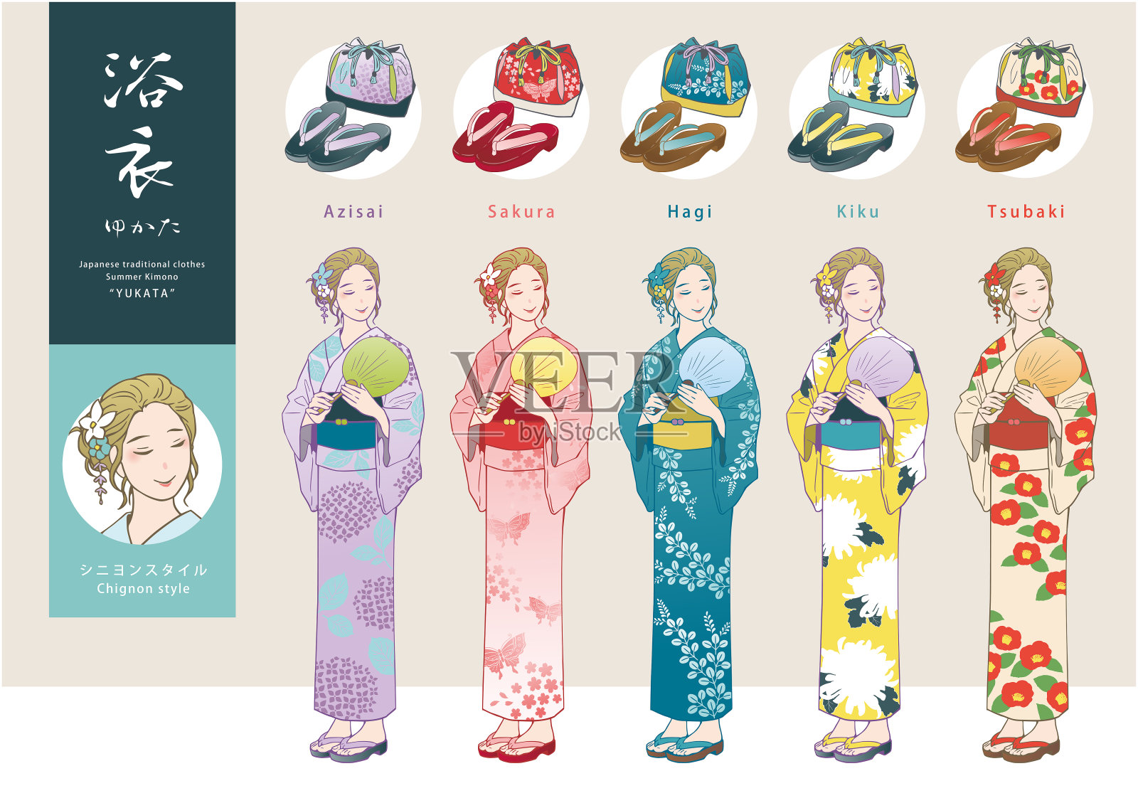 夏季和服“和服”。插图妇女在浴场。插画图片素材