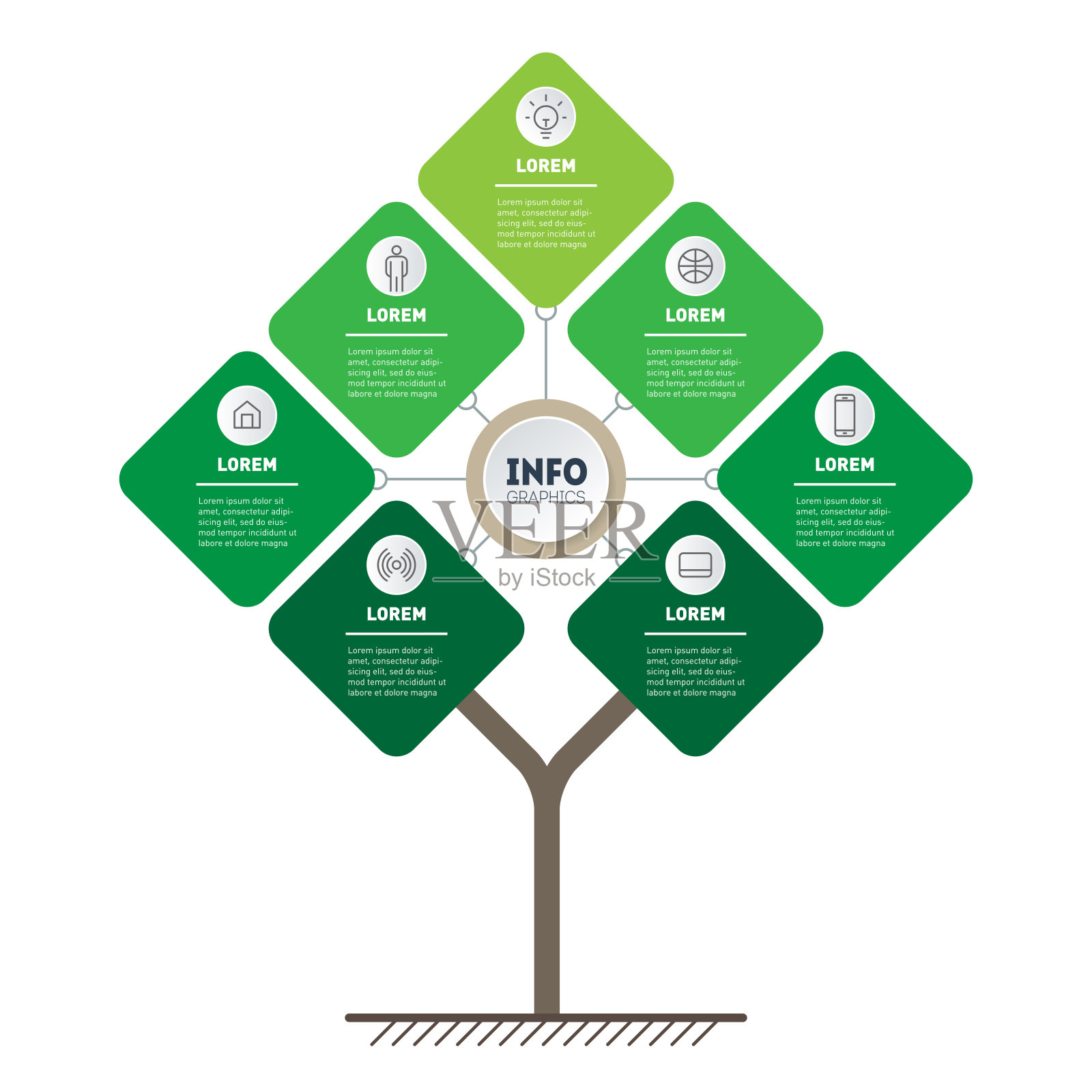 7点的技术或教育过程矢量信息图。模板树，信息图表或图表。垂直生态商业展示概念与七个选项。插画图片素材