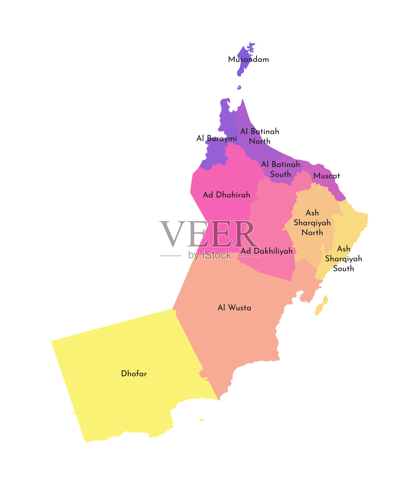 阿曼行政区划简图矢量插画，区域（省）边界和名称，彩色轮廓插画图片素材