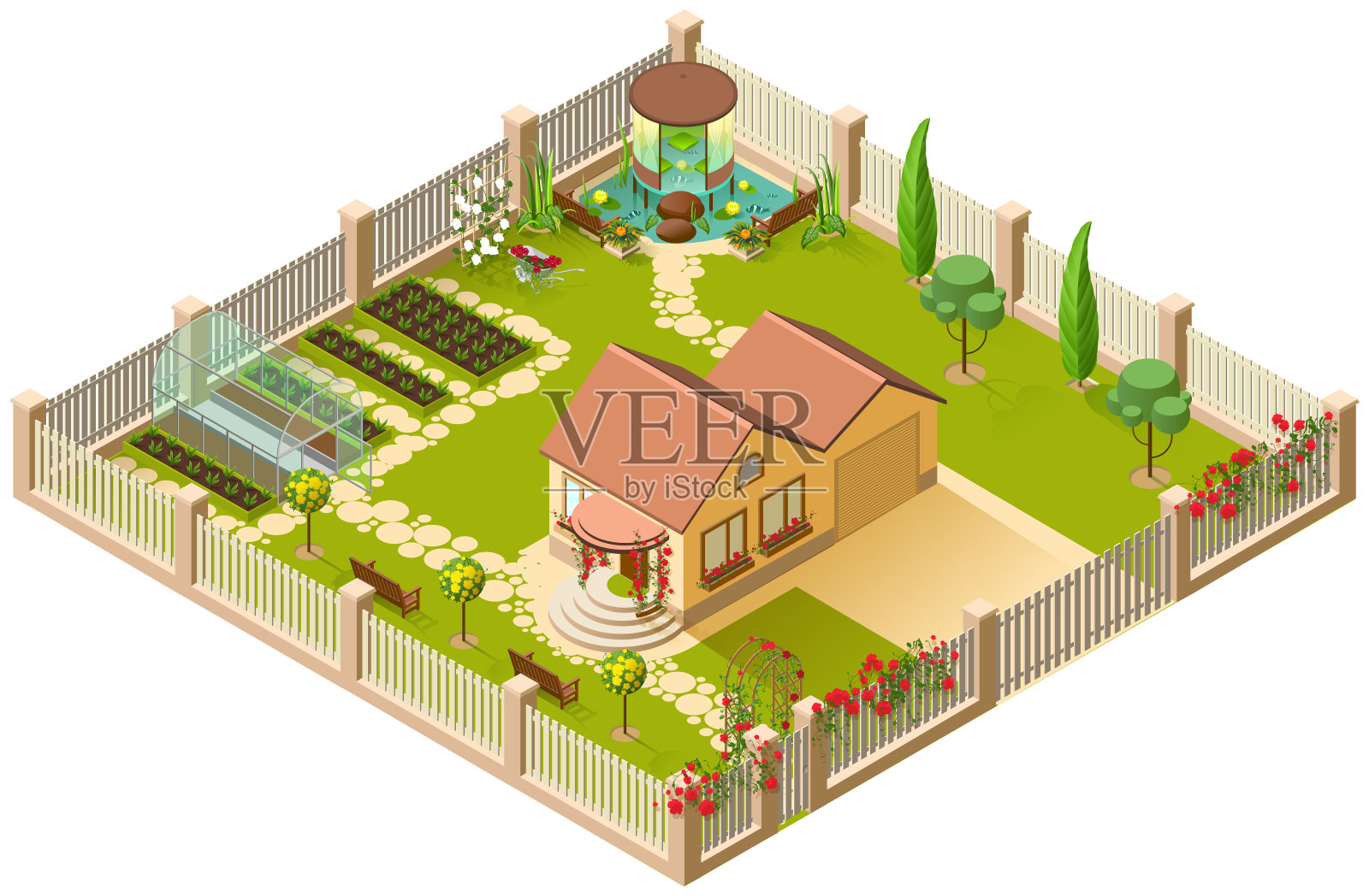 有凉棚、温室和鲜花的乡村别墅和大花园。3 d等距插图插画图片素材