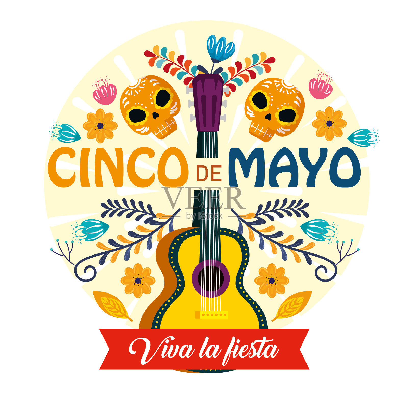 吉他与头骨装饰和鲜花墨西哥事件插画图片素材