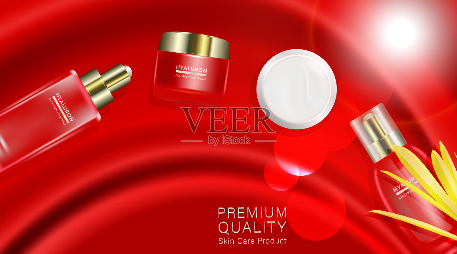 美容产品，红色化妆品容器与广告背景准备使用，豪华护肤广告。说明向量插画图片素材
