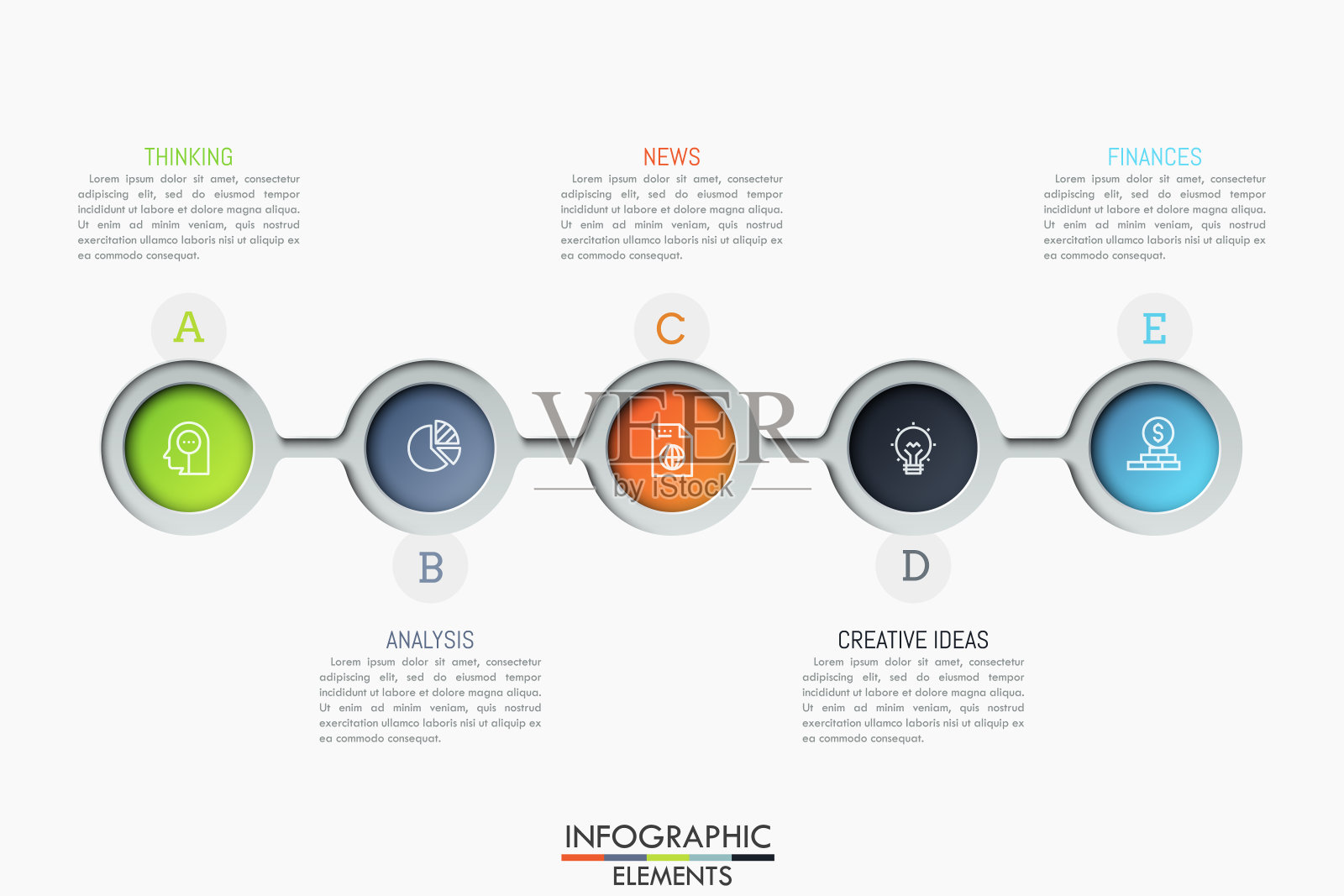 五个相连的圆形元素，里面有象形图和文本框插画图片素材