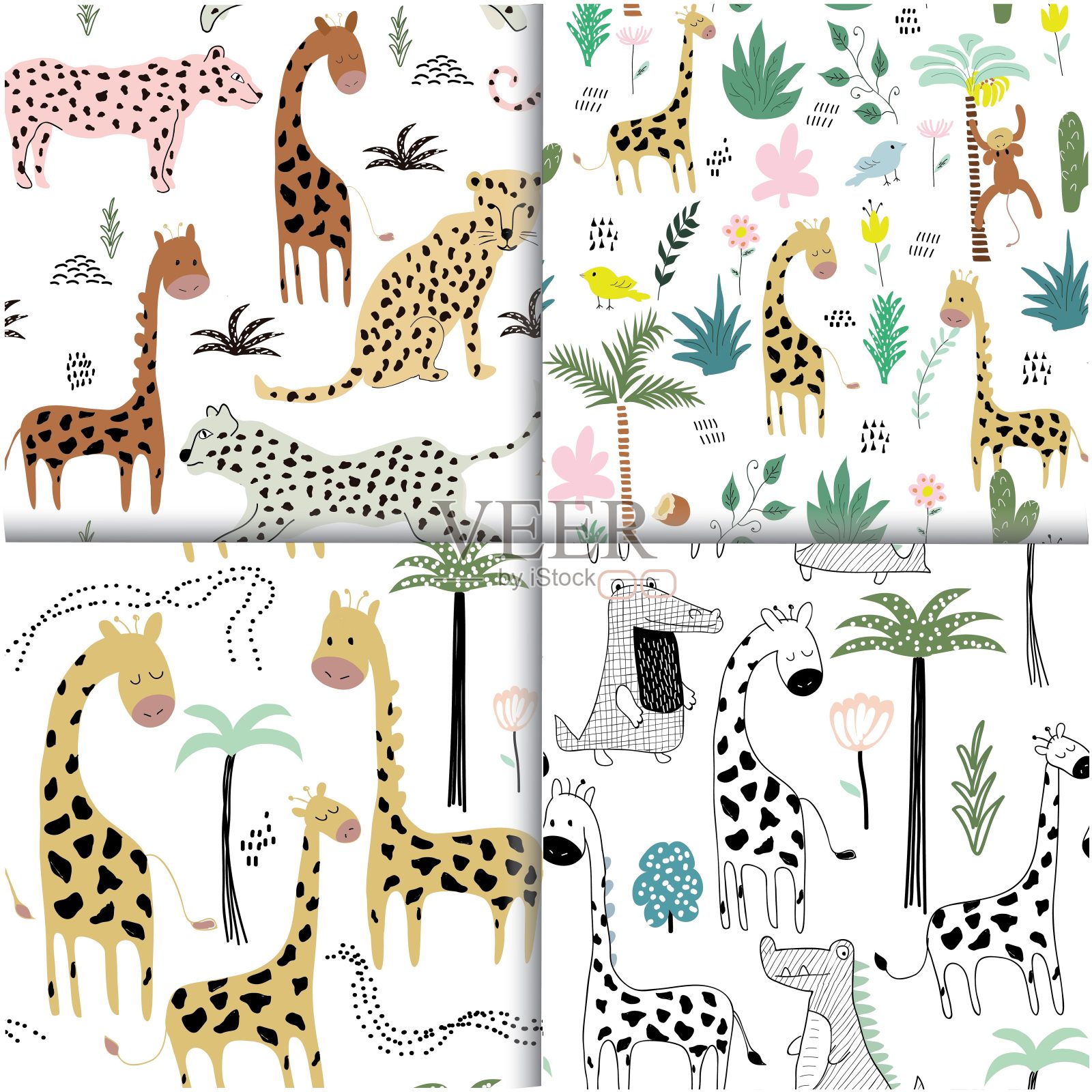 幼稚的丛林纹理与长颈鹿和热带元素。无缝模式。向量插画图片素材