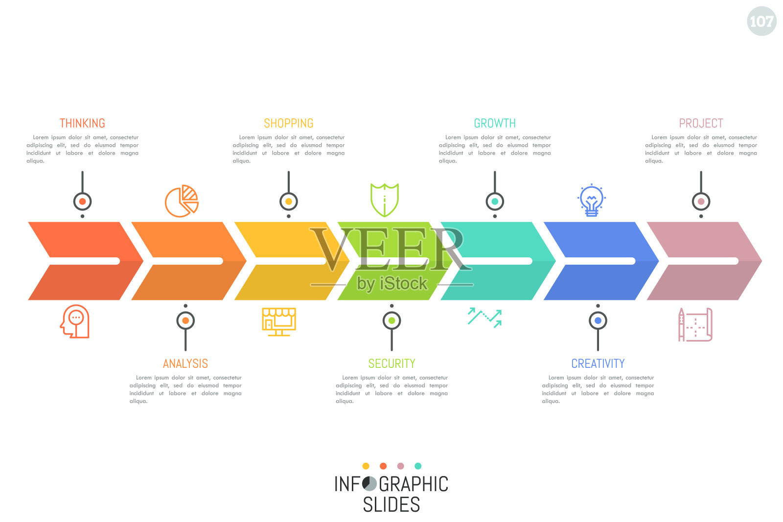 箭头状条纹分为7个彩虹色部分，用象形文字和文本框。业务发展理念的渐进步骤。设计模板素材