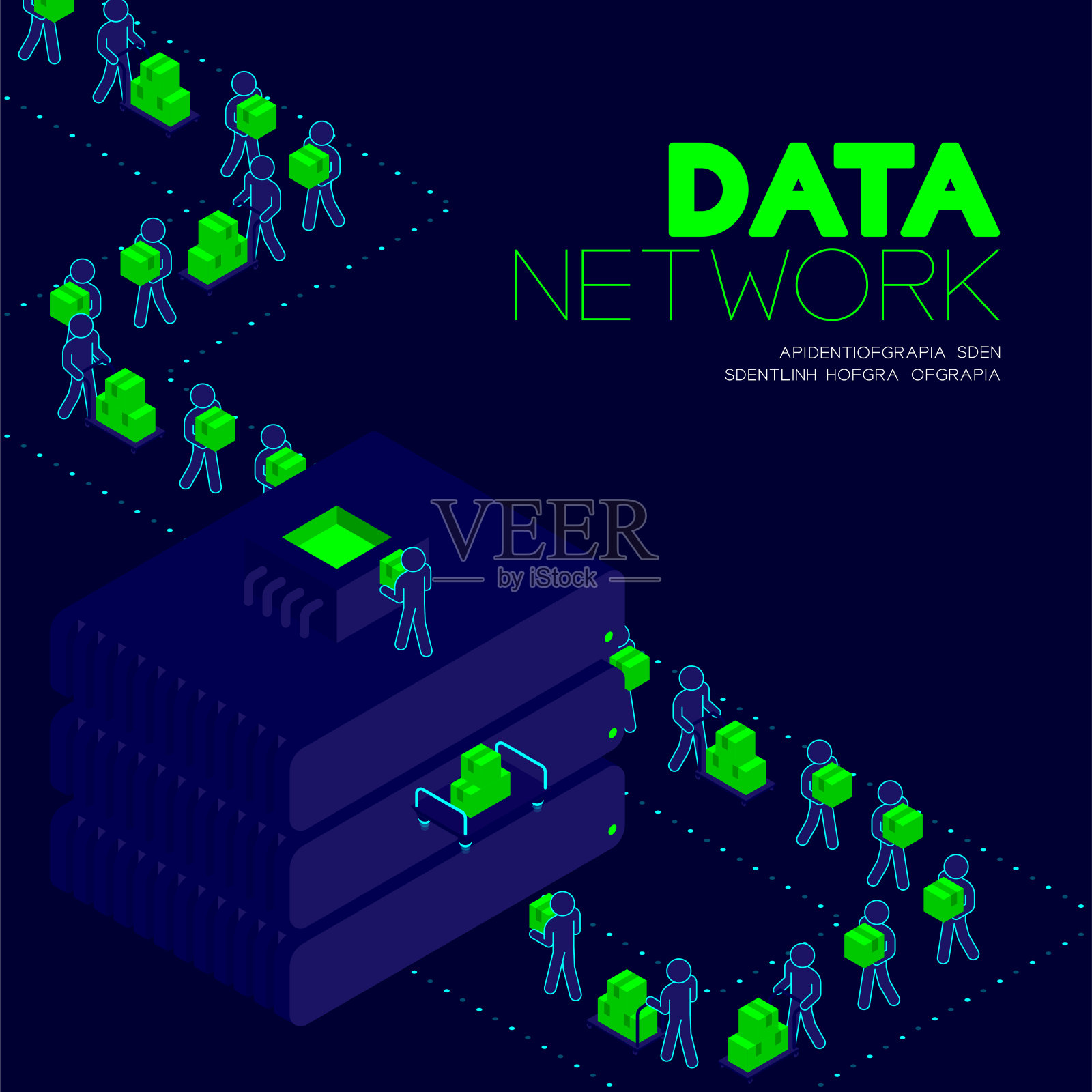 数据网络概念，man图形传输数据到等距存储硬盘插图海报和横幅设计隔离在蓝色背景，与复制空间插画图片素材