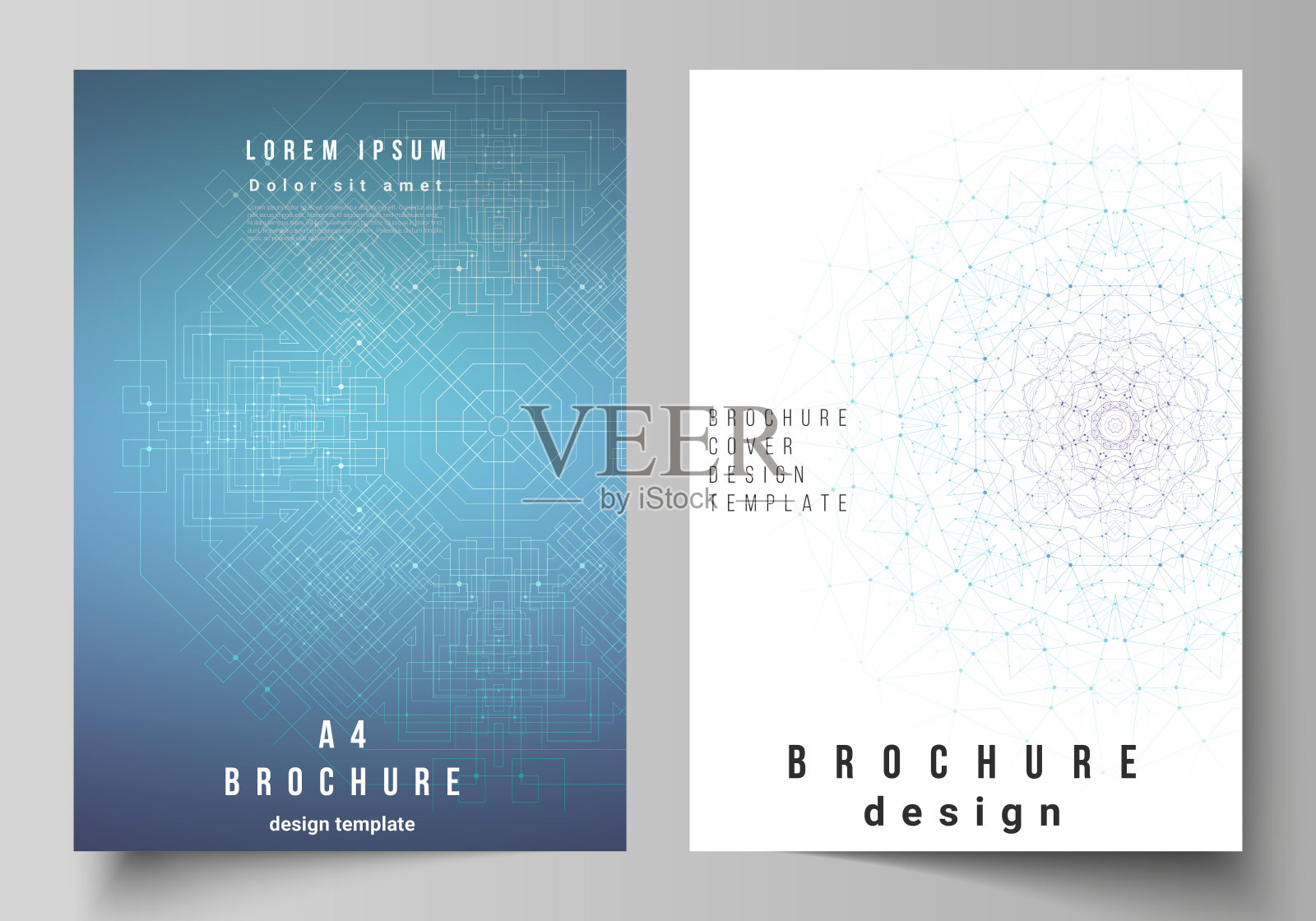 矢量布局A4格式现代封面模型设计模板的小册子，杂志，传单，小册子，报告。大数据可视化，几何通信背景与连接线和点设计模板素材