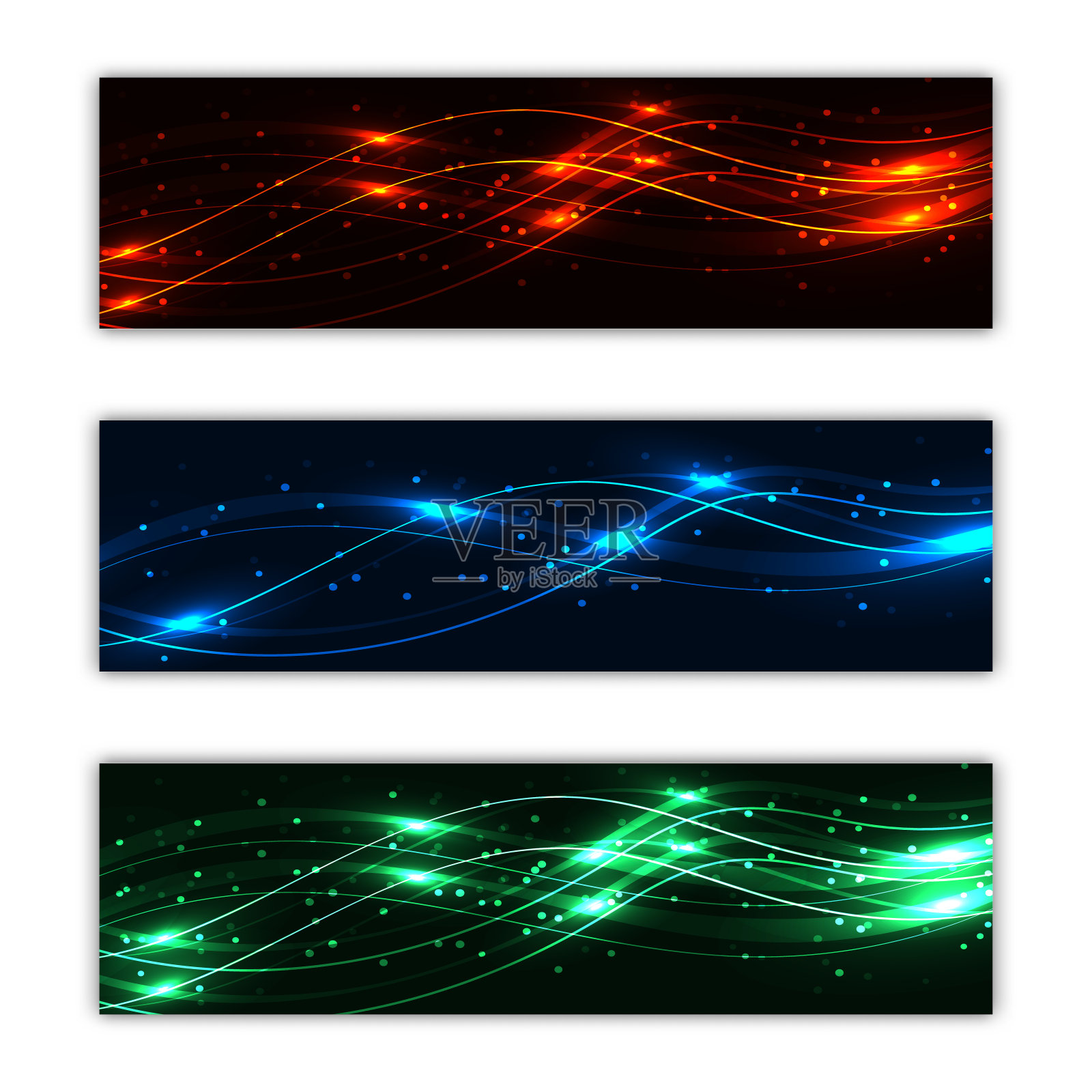 一套三个抽象多彩的背景纹理的海报从魔法激光美丽的数字发光发光明亮的能量电霓虹灯发光波线。矢量图插画图片素材