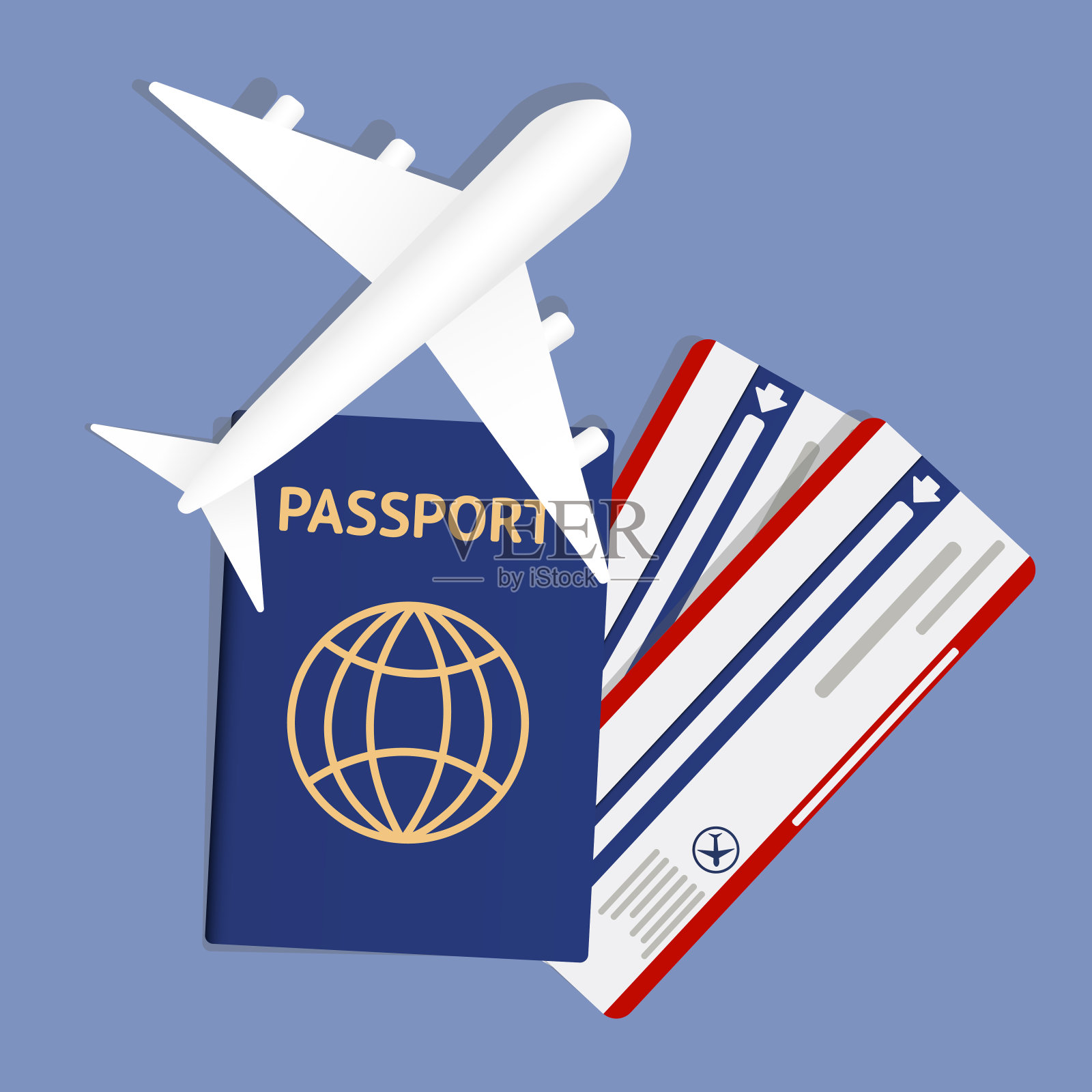 航空旅行横幅与护照度假概念设计。横幅上写着机票和度假票。矢量插图。横幅上有两张登机牌和机票。图标插画图片素材