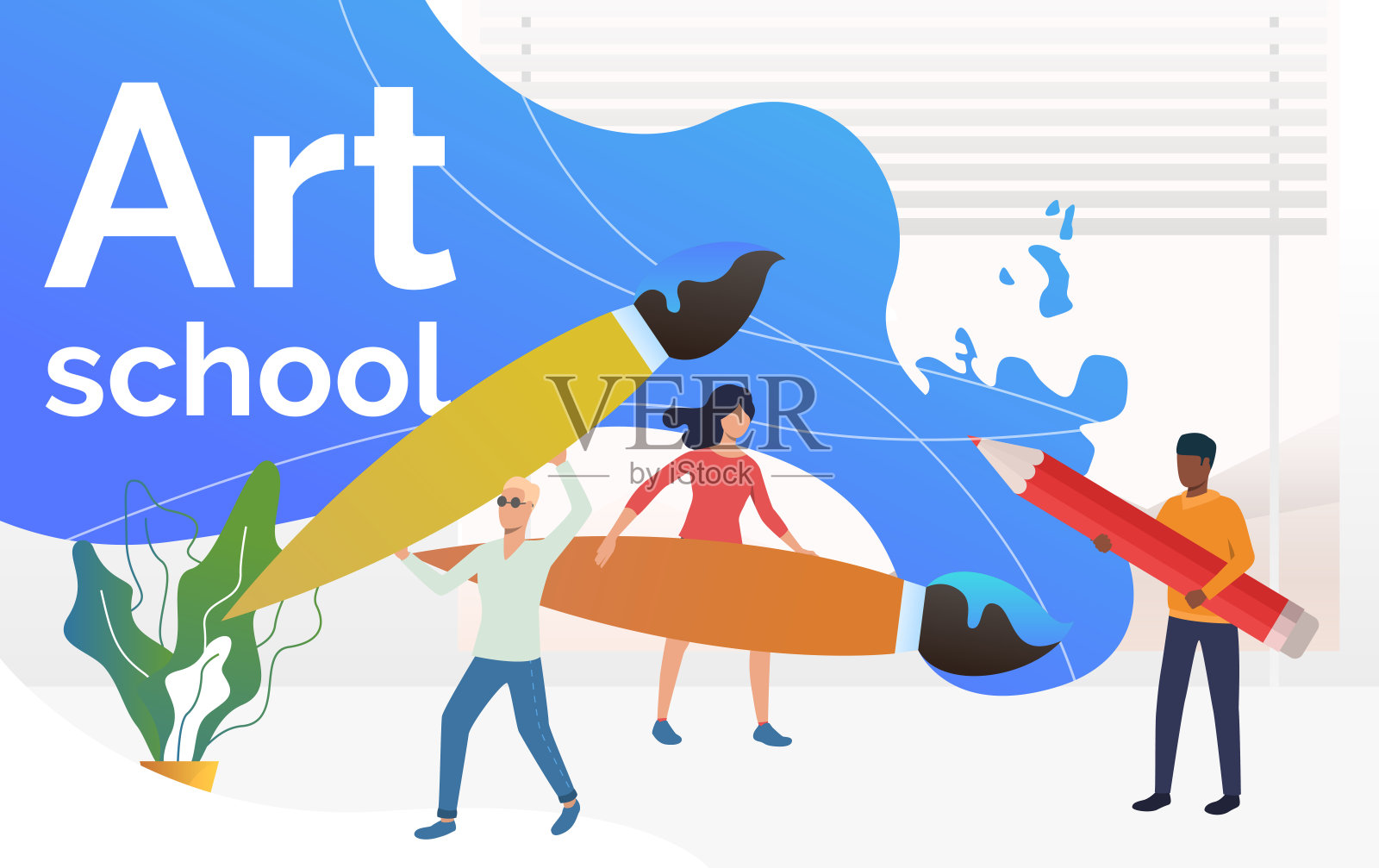 人们拿着大画笔和铅笔站着插画图片素材