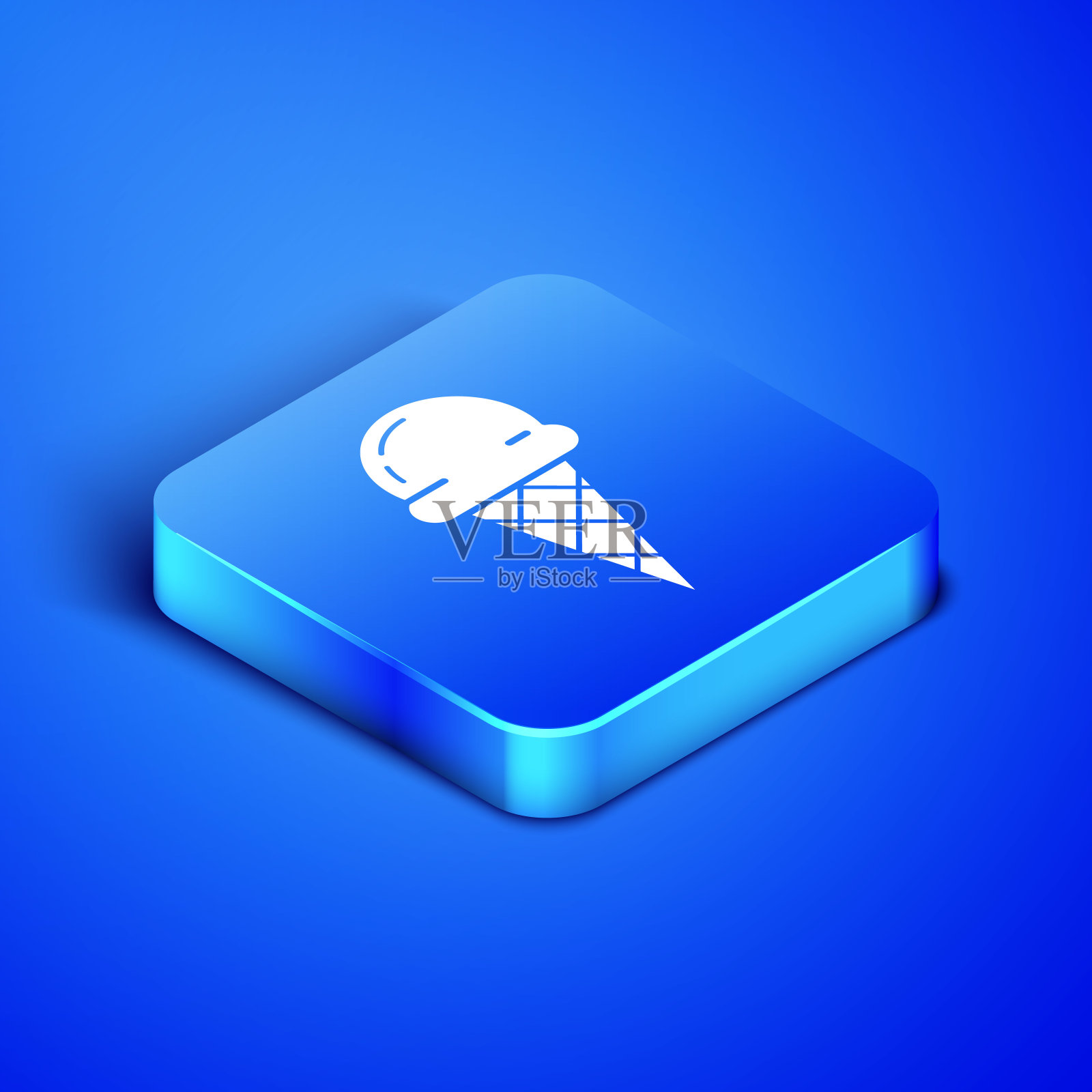 蓝色背景上孤立的华夫蛋筒等距冰淇淋。甜蜜的象征。蓝色方块按钮。矢量图插画图片素材