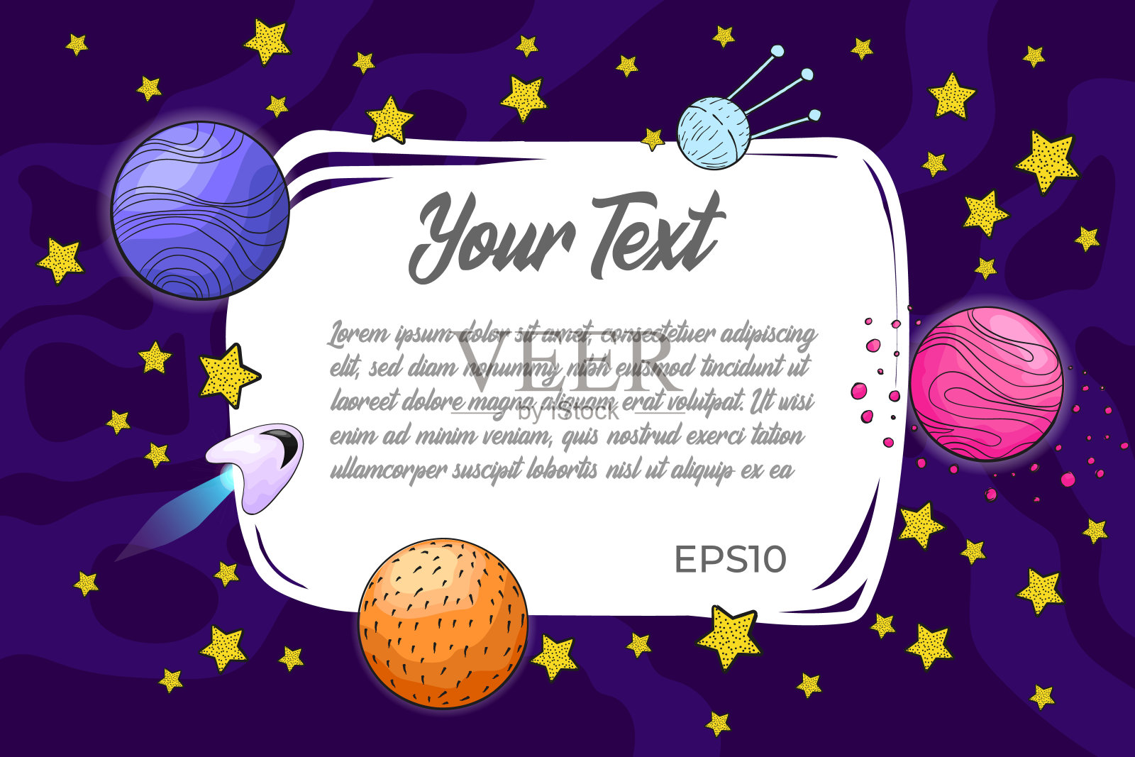 矢量模板布局与手绘插图的行星，卫星，卫星，宇宙飞船和星星。带有宇宙涂鸦插图的横幅。卡通风格的空间元素框架装饰插画图片素材